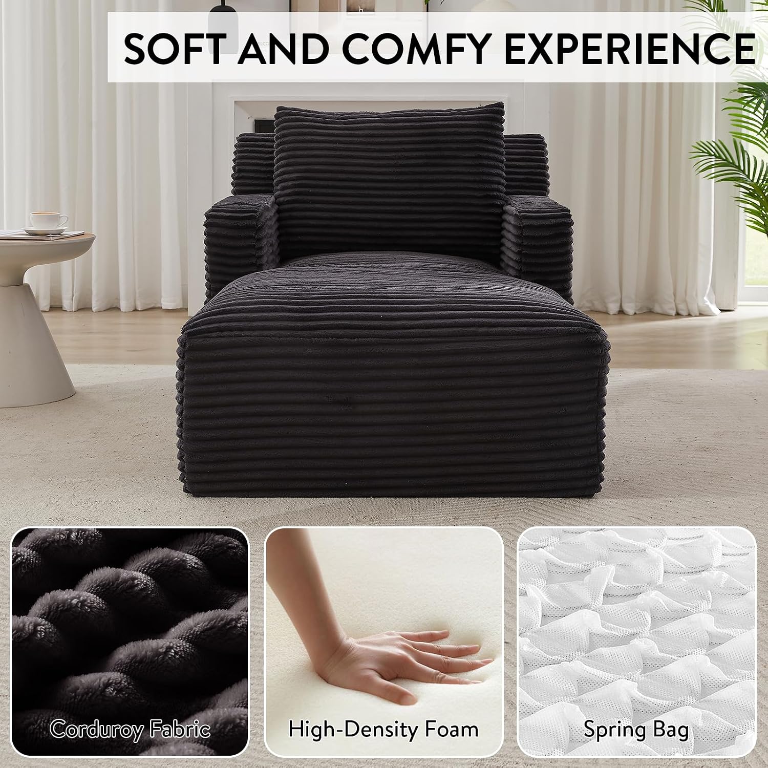 Chaise Lounge Chair Indoor, Upholstered Corduroy Single Lounge Sofa Couch, Comfy Reading Recliner Sleeper Sofa Chair Bed with Armrests and Pillows for Bedroom, Living Room (Dark Gray)