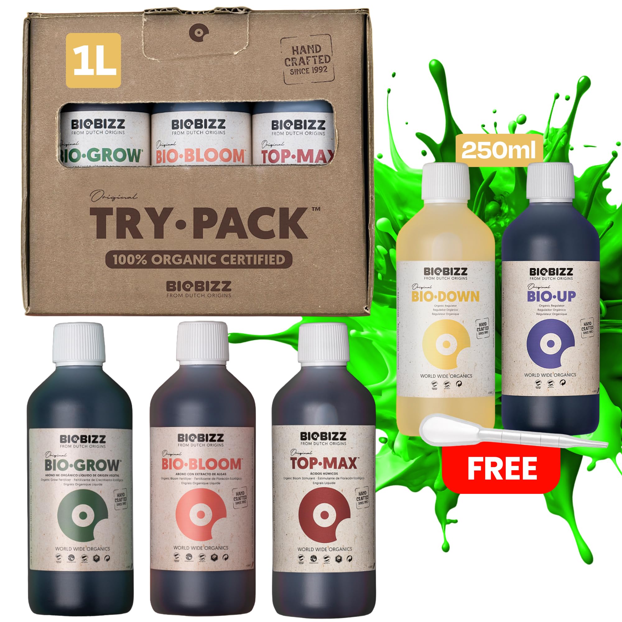 Biobizz XXL Trypack Indoor Set mit Bio Bloom, Bio Grow und Top Max je 1L und Bio Up, Bio Down je 250ml inklusive Messpipette