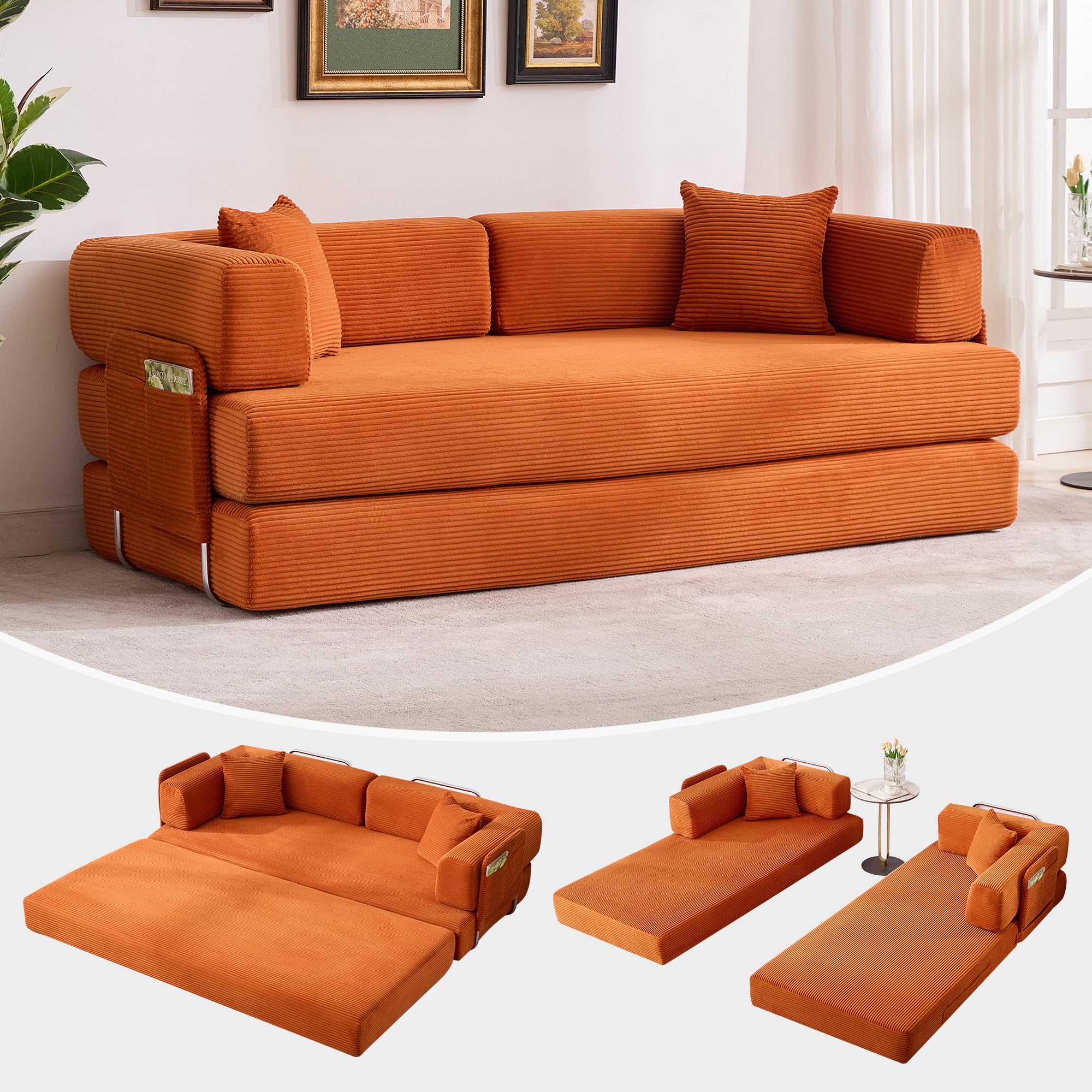 Garvee 5-in-1 Convertible Sofa Bed, 78.8" Modular Corduroy Sleeper with Sturdy Frame & No Assembly, Multi-Functional Futon for Small Space, Living Room & Guest Room (Green) (Orange)