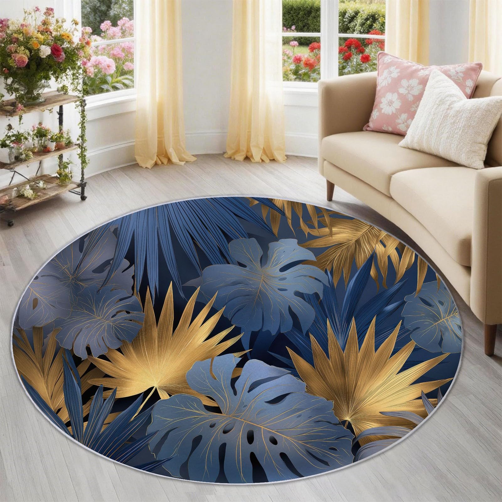 Générique Tappeto rotondo 160 cm, foglie di palma tropicali moderne, antiscivolo, tappeto per soggiorno, rotondo, lavabile in lavatrice, floreale astratto morbido, per camera da letto genitoriale