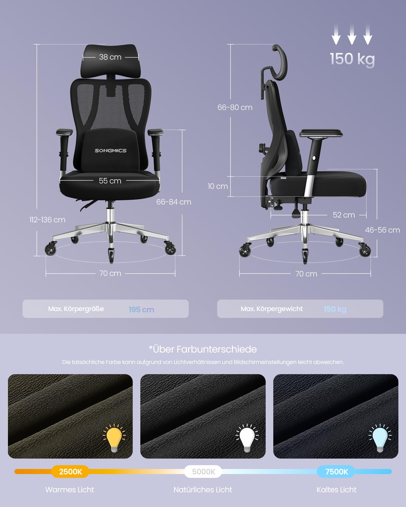 SONGMICS Bürostuhl ergonomisch, Schreibtischstuhl, Gaming-Stuhl, verstellbare Lenden-, Kopfstütze, Armlehnen, für Verschiedene Körpergröße, bis zu 150 kg belastbar, tintenschwarz OBN067BH01