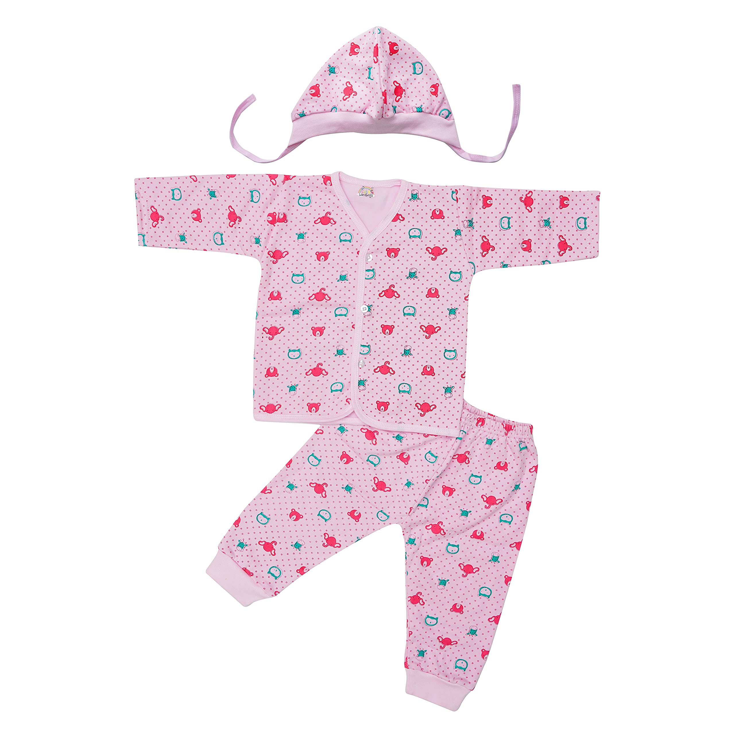 CUTE LANDINGS® 0-3|3-6|6-9|9-12 Months Baby Girls and Boys Hosiery Wear 3 Piece Set (Vest/T-Shirt/jhabla, Pyjama/Track Pant and Cap) Infant Clothes|Gift Set|Essentials|Dress Pink