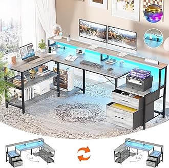 Aheaplus L Shaped Desk with File Drawer, 66" Reversible L Shaped Computer Desk with Power Outlet & LED Strip, Gaming Desks with Monitor Stand, Office Desk Corner Desk with Storage Shelf, White Oak