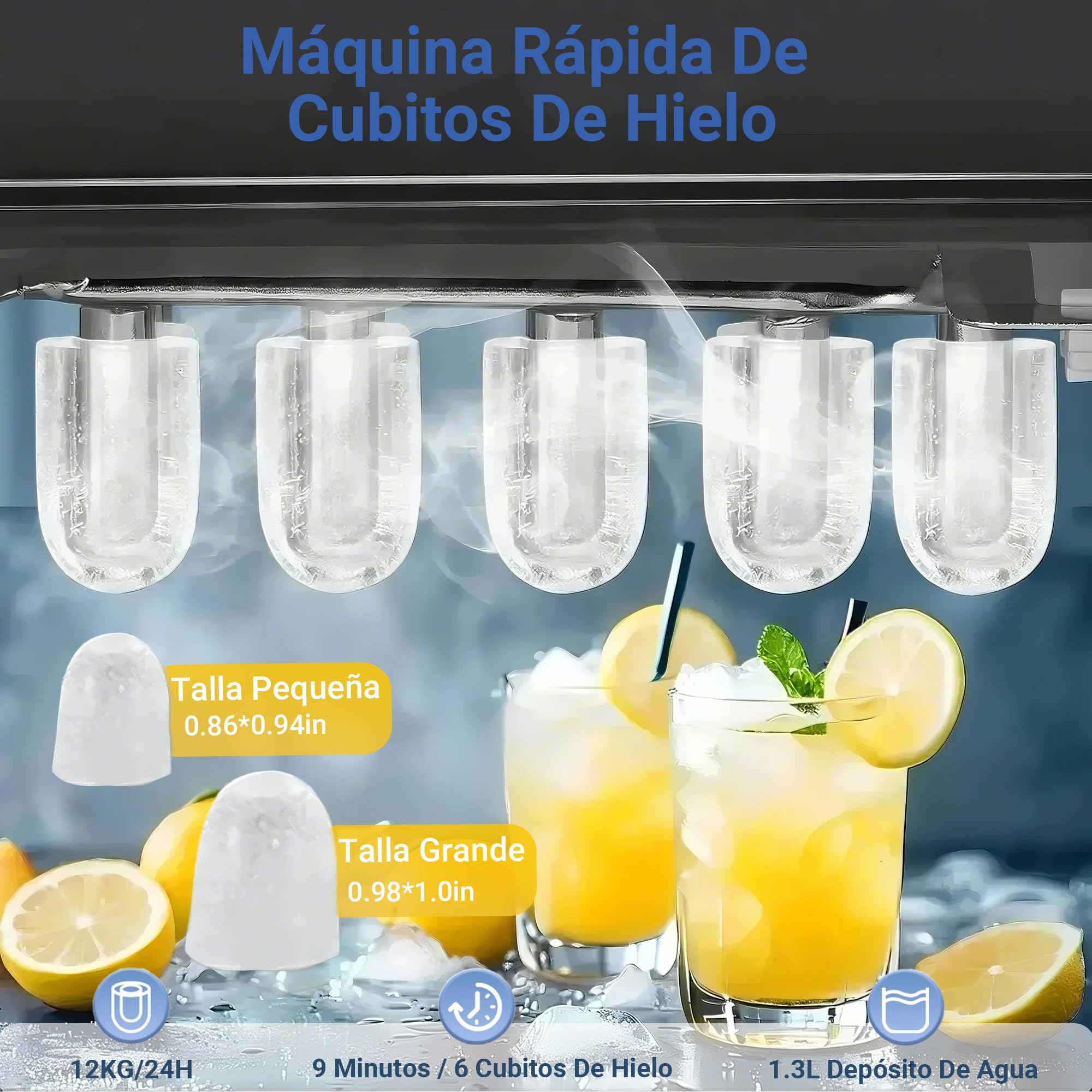 CITYBEE Maquina de Hielo 12kg/24h, Maquina de Hielo para Casa 9 Cubitos en 6 Minutos, Maquina de Hacer Hielo Silencioso con Asa 2 Tamaños de Cubitos para Casa, Oficina, Camping