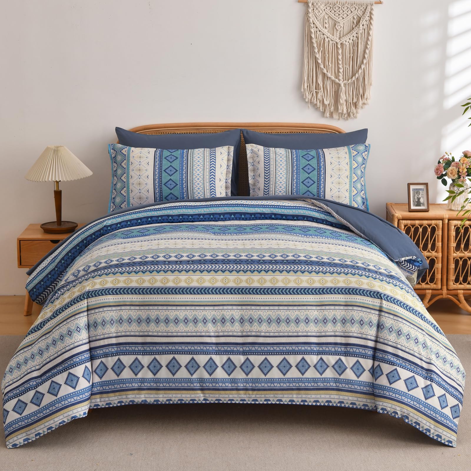 Mybedsoul Blue Boho Style Striped Comforter Set 7 Pieces, King Size Aztec Bed in a Bag, All-Season Bedding Set with Sheets &amp; Pillow Shams, Bohemian Geometric Pattern
