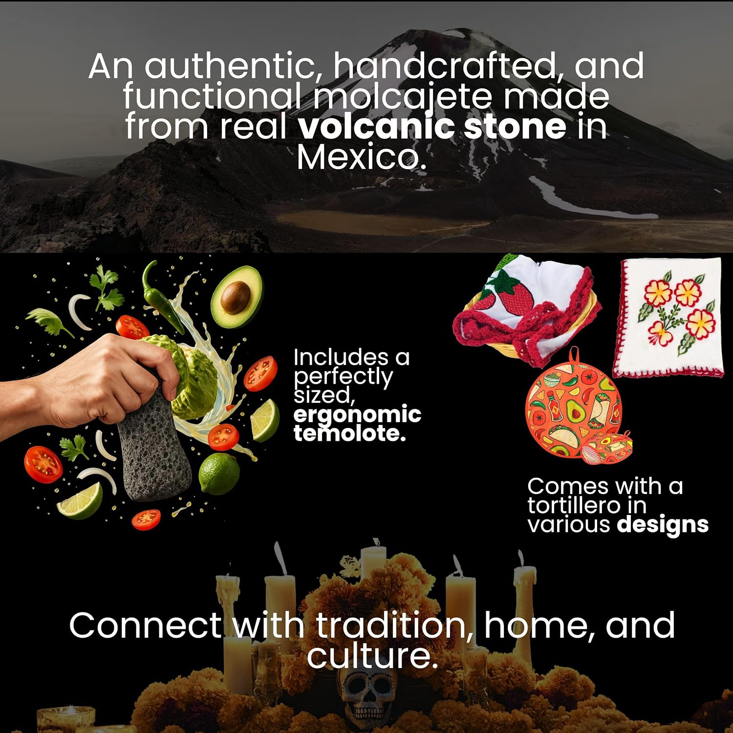 CUITAXI The Original Pig Molcajete Mexicano Volcanic Rock - Stable Heavy Tripod Base on Countertop