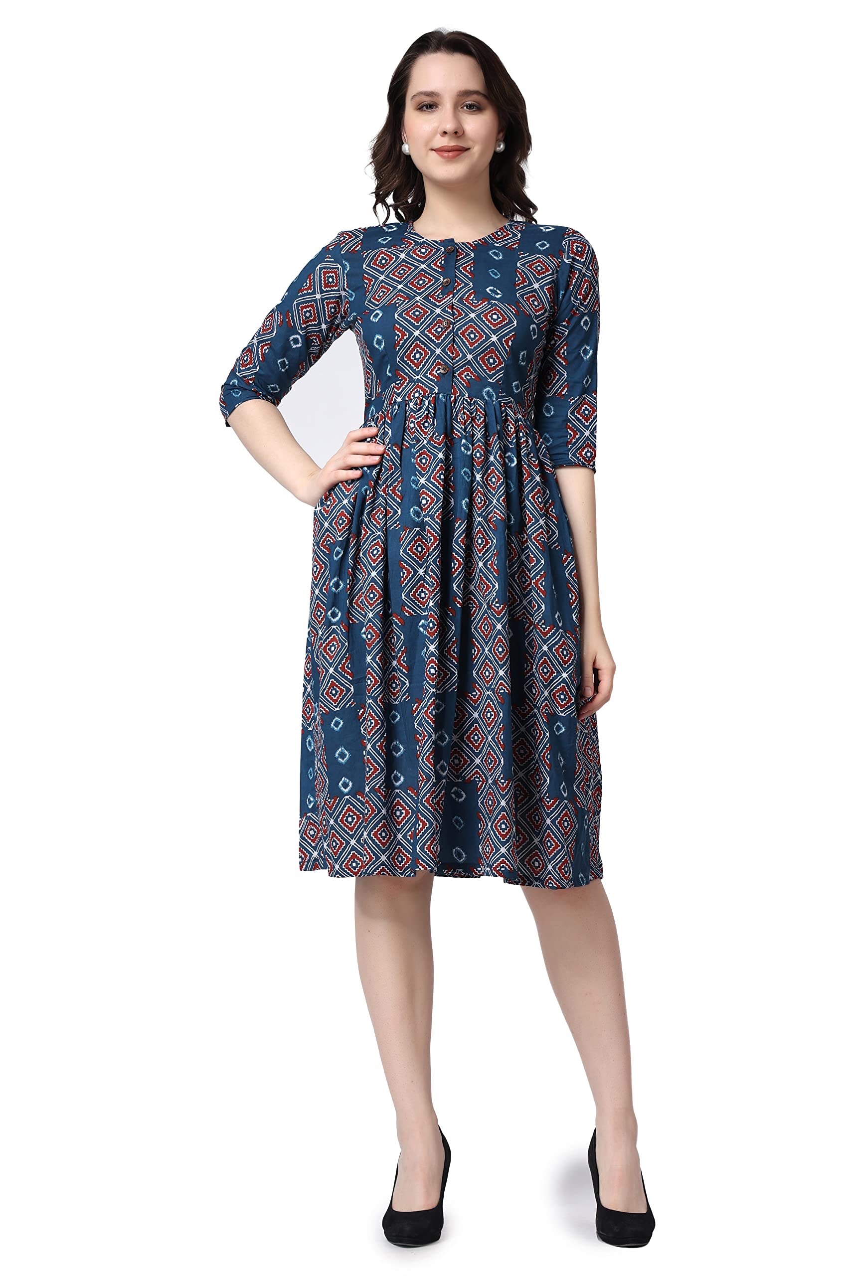 Casual Printed Peplum-Style Dress for Women || Cotton Summer Dress for Women || 3/4 Sleeves Dress for Women || Riound Neck Printed Cotton Dress for Women-image-33