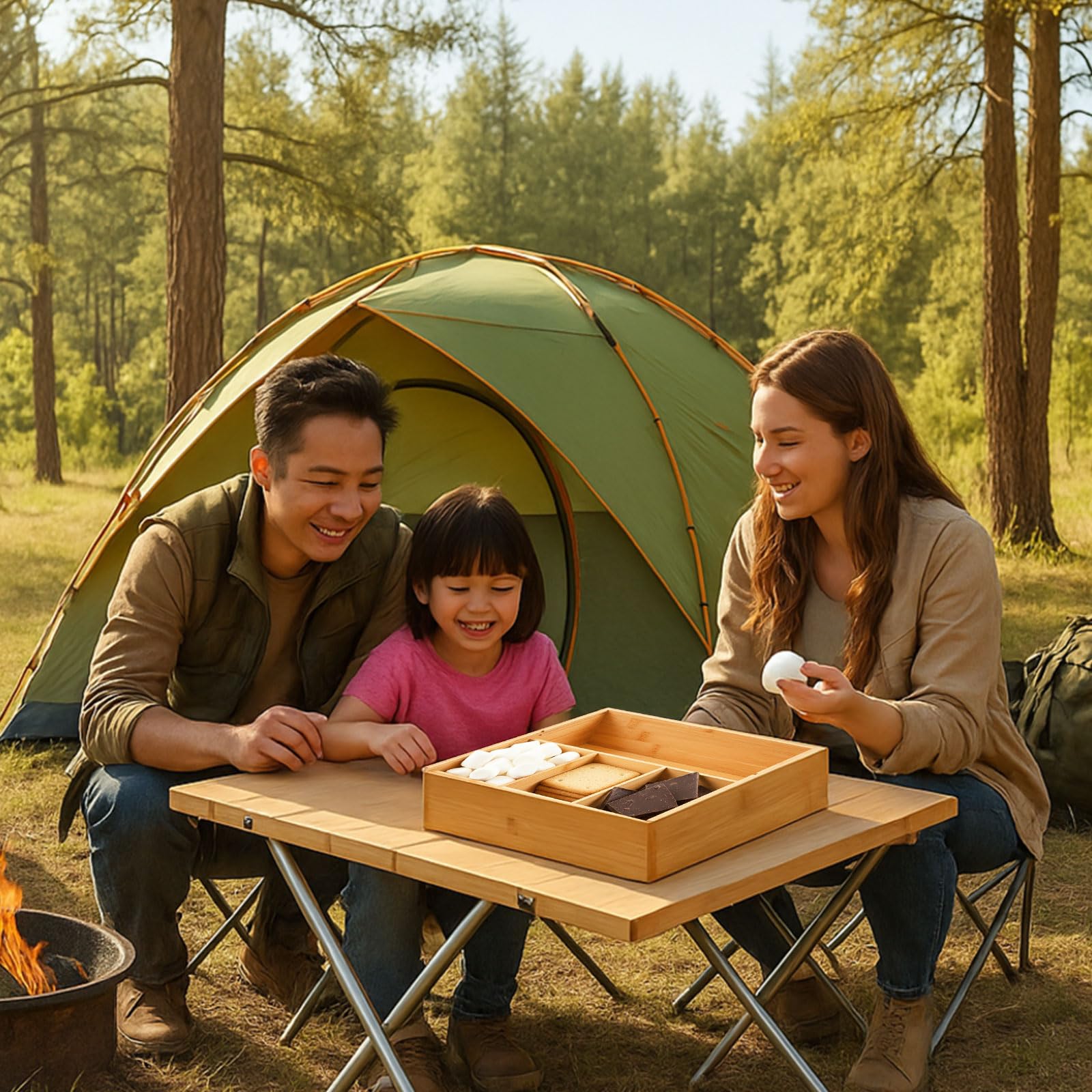 LemonRoad Smores Kits, caja de bambú S'mores Kit con tapa, 6 varillas extensibles para asar y bolsa de transporte, juego de utensilios de cocina portátiles de camping para fiesta de picnic al aire