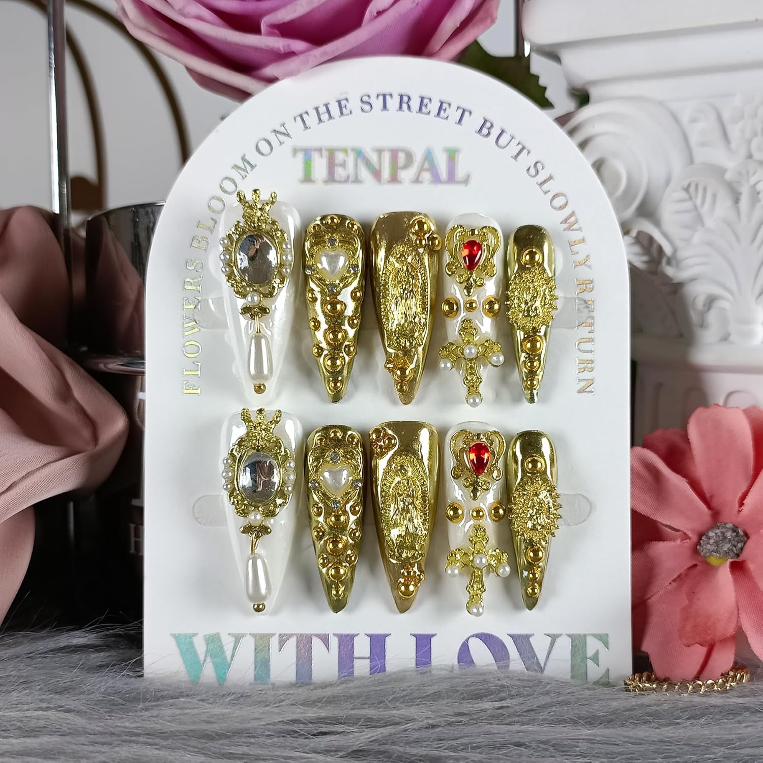 10Pcs Handmade Royal Press On Nails With Tools,Metallic Gold Long Stiletto Fake Nails with Pearl & Celestial Charms Designs,Sculpted 3D Baroque Acrylic Glue on Nails for Wedding Gothic Ball(S)