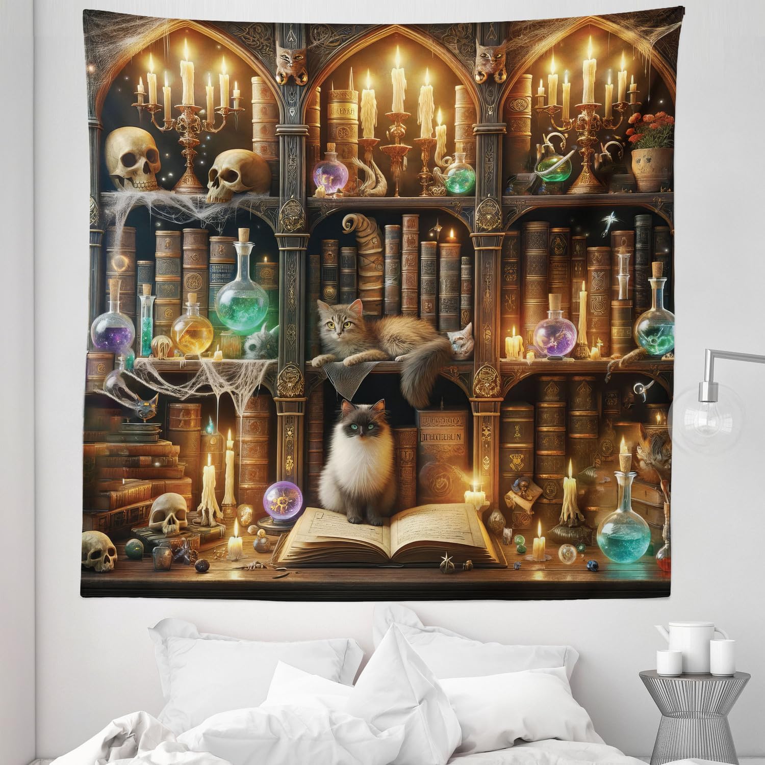 Ambesonne Cat Tapestry Queen Size, Bookshelf with Wizard Books and Magic Pots Gothic Skulls Sorcerers Kitties, Wall Hanging Bedspread Bed Cover Wall Decor, 88" X 88", Brown and Multicolor