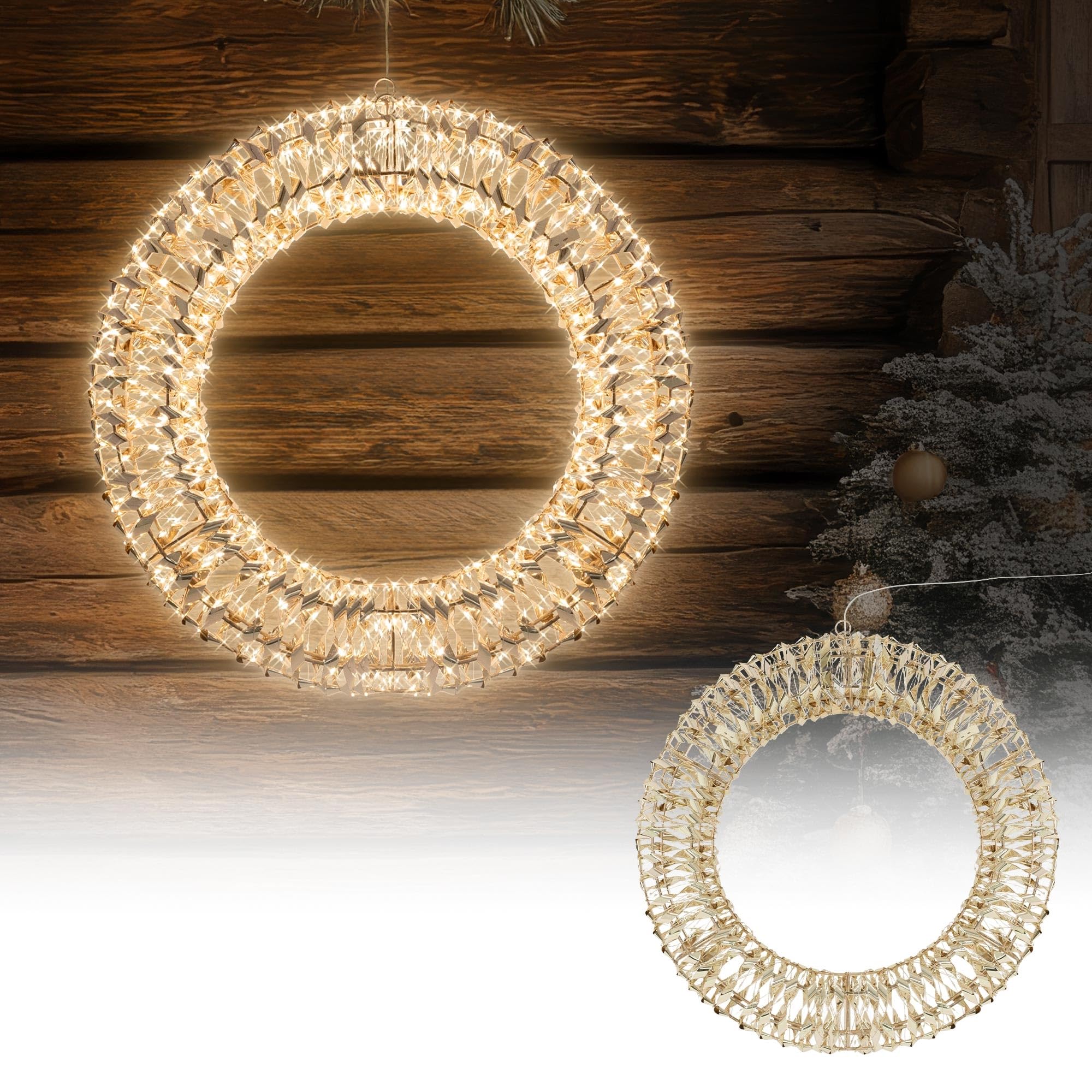 ECD Germany Couronne de Noël LED Ø50cm avec 720 Micro LED Blanc Chaud & Minuterie, IP44 Étanche Intérieur/Extérieur, Couronne Métallique Suspendue 3D Éclairage LED, Décoration de Porte Fenêtre