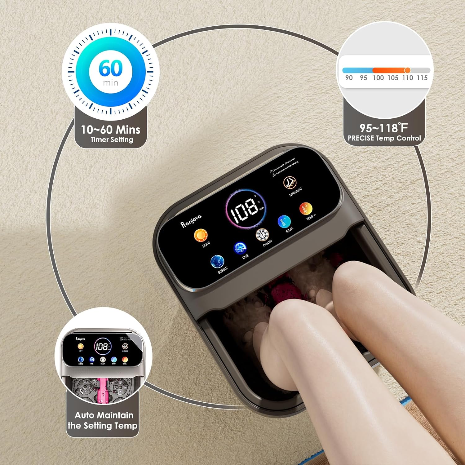 Foot Spa Electric Rotary Massage, with Touchscreen Pro Color Display, Collapsible Foot Bath with Heat, Bubble,Remote Control, Temp Control, and 24 Motorized Shiatsu Massage Balls (Dark Grey) - Image 5