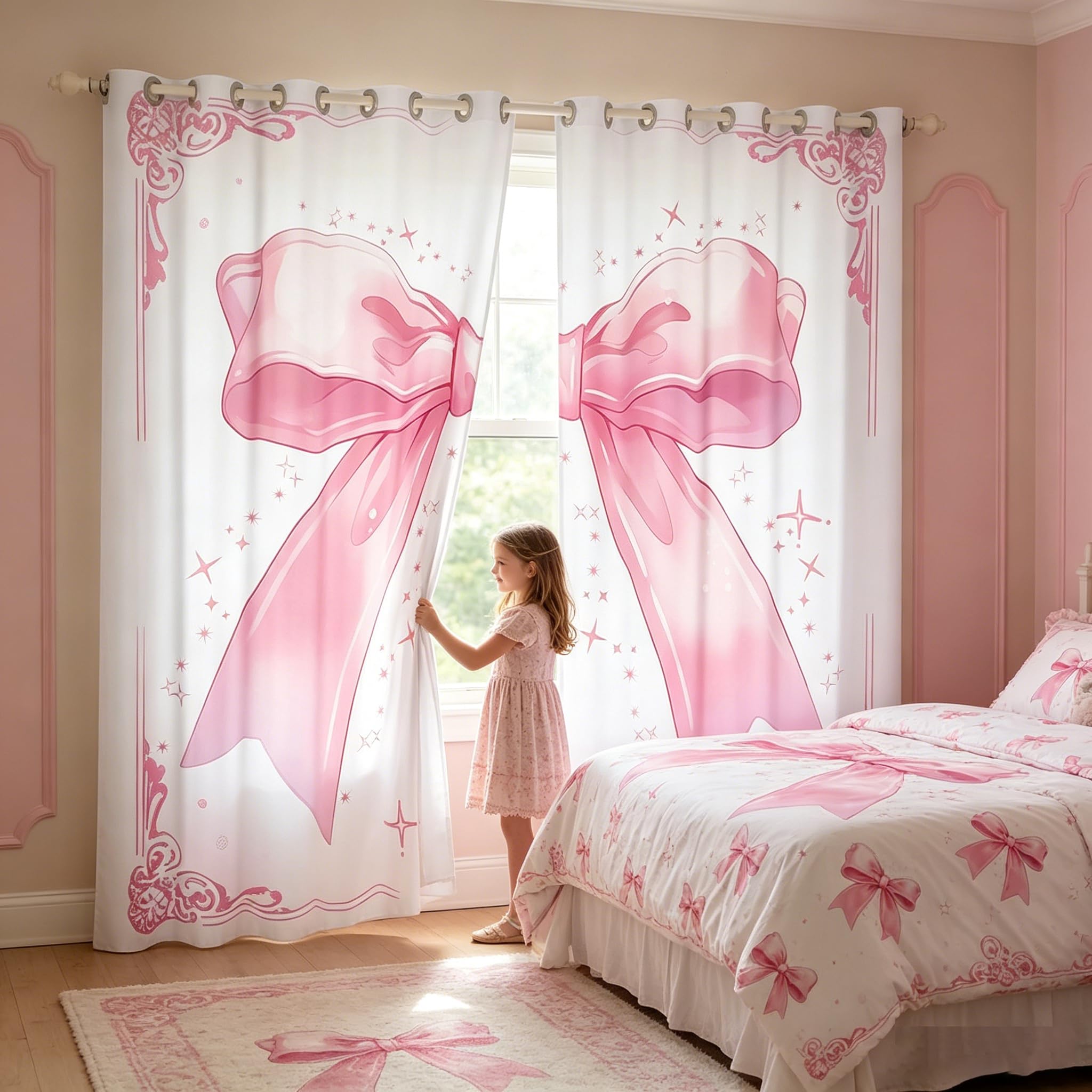 Rideaux de fenêtre nœud rose aquarelle Manfei pour chambre fille et déco de princesse x2