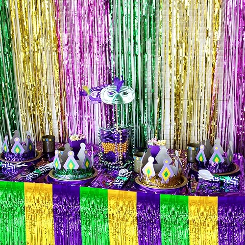 Miniatura 137 de Paquete de 6 faldas de mesa con flecos metálicos azules de 29 x 108 pulgadas para decoración de fiesta de oropel con flecos, cortinas de guirnalda