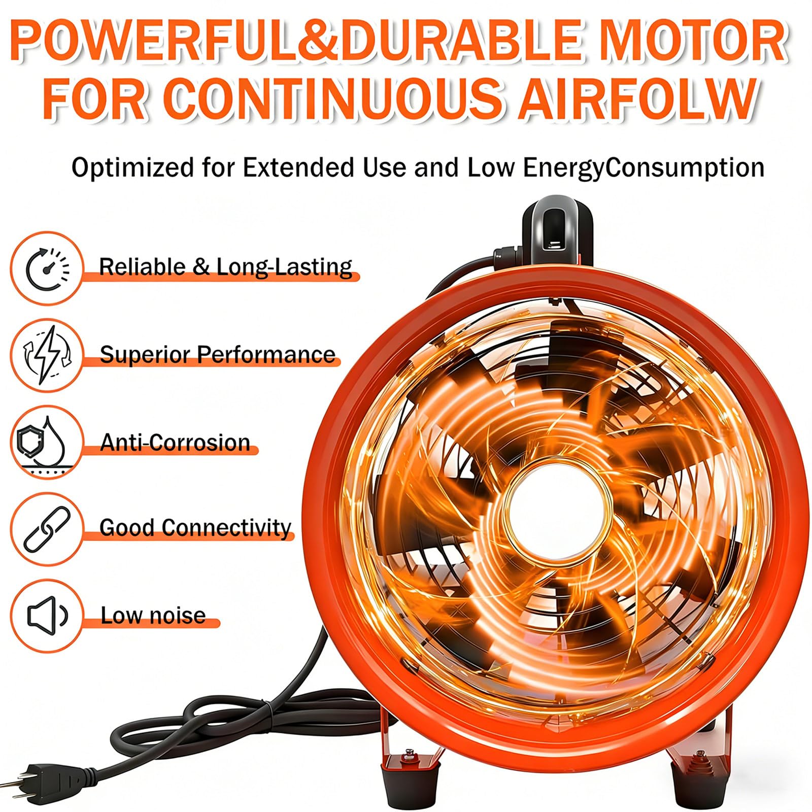 Ventilador de extracción Industrial portátil: con Manguera de extracción Larga, para construcción de tuberías y Naves industriales 10M-airduct-Φ9.8in