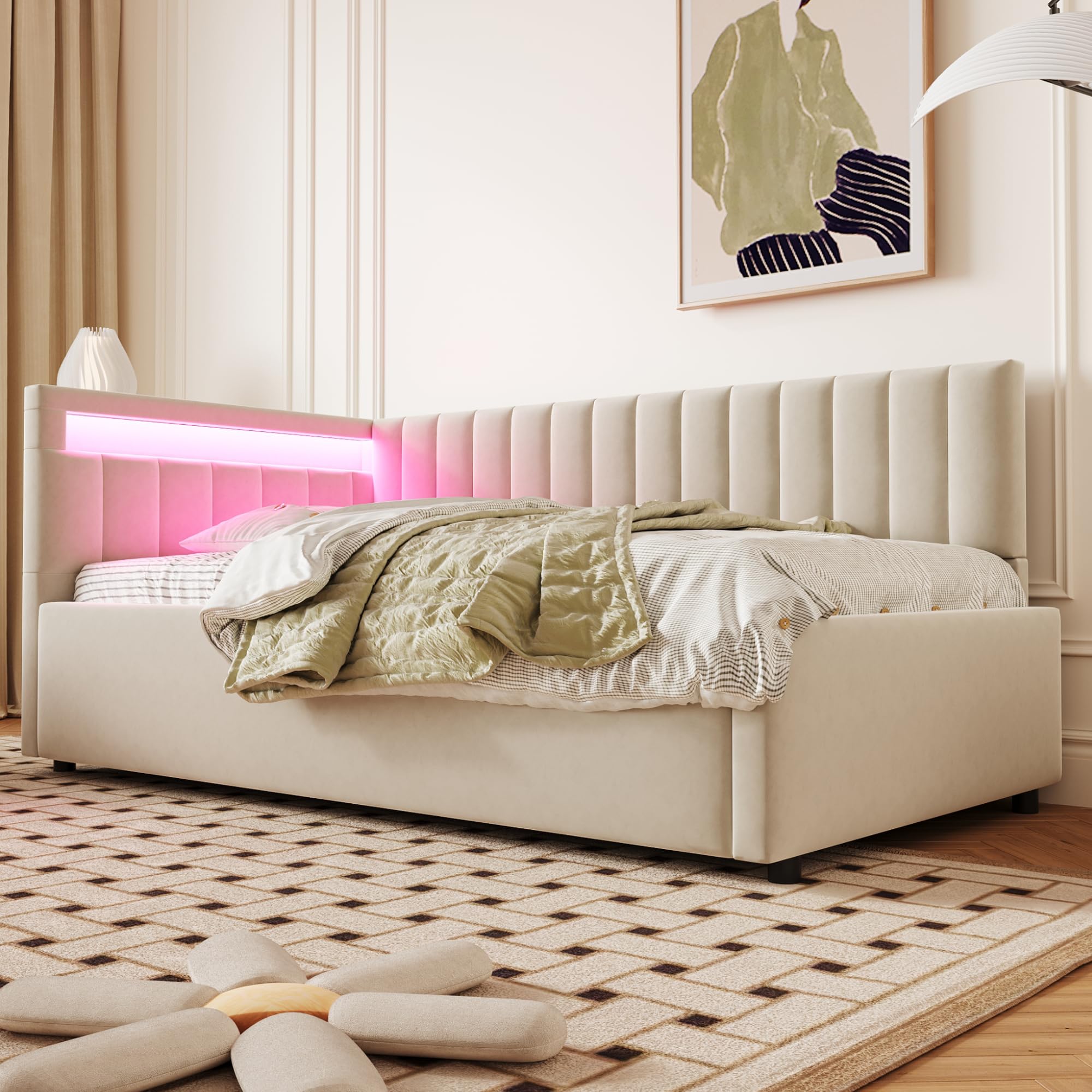 Cama tapizada Sofá cama 90 x 200 cm, con iluminación LED y espacio de almacenamiento hidráulico, diseño clásico de rayas verticales, cabeceros laterales con posiciones intercambiables, somier de