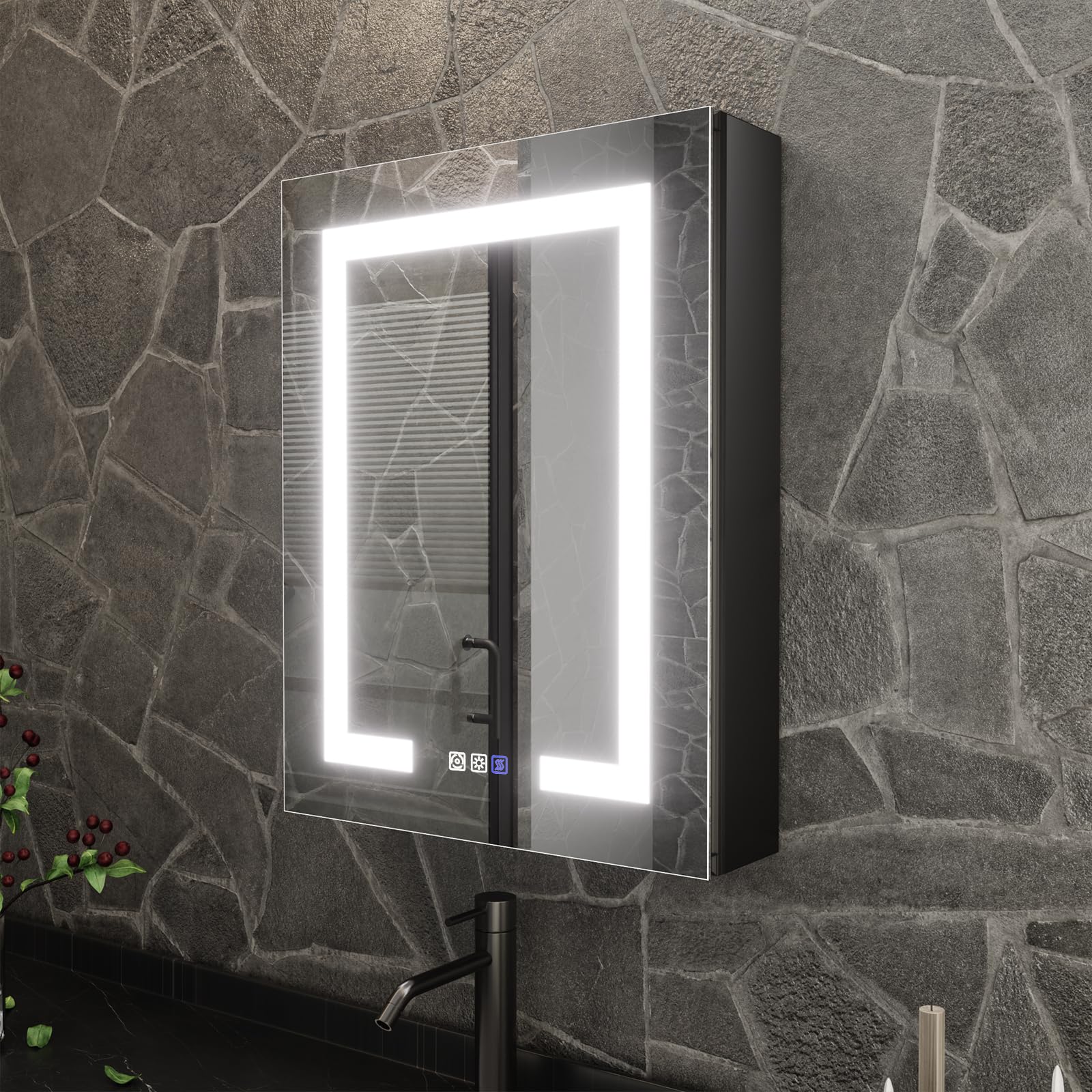 Lighted Medicine Cabinet 20 x 26 Inch, LED medicine cabinet Recessed or Surface Mount, Defog, Stepless Dimming,Color Temper 3000K-6400K,Interior LED Lighting, Black Frame,Left Hinge