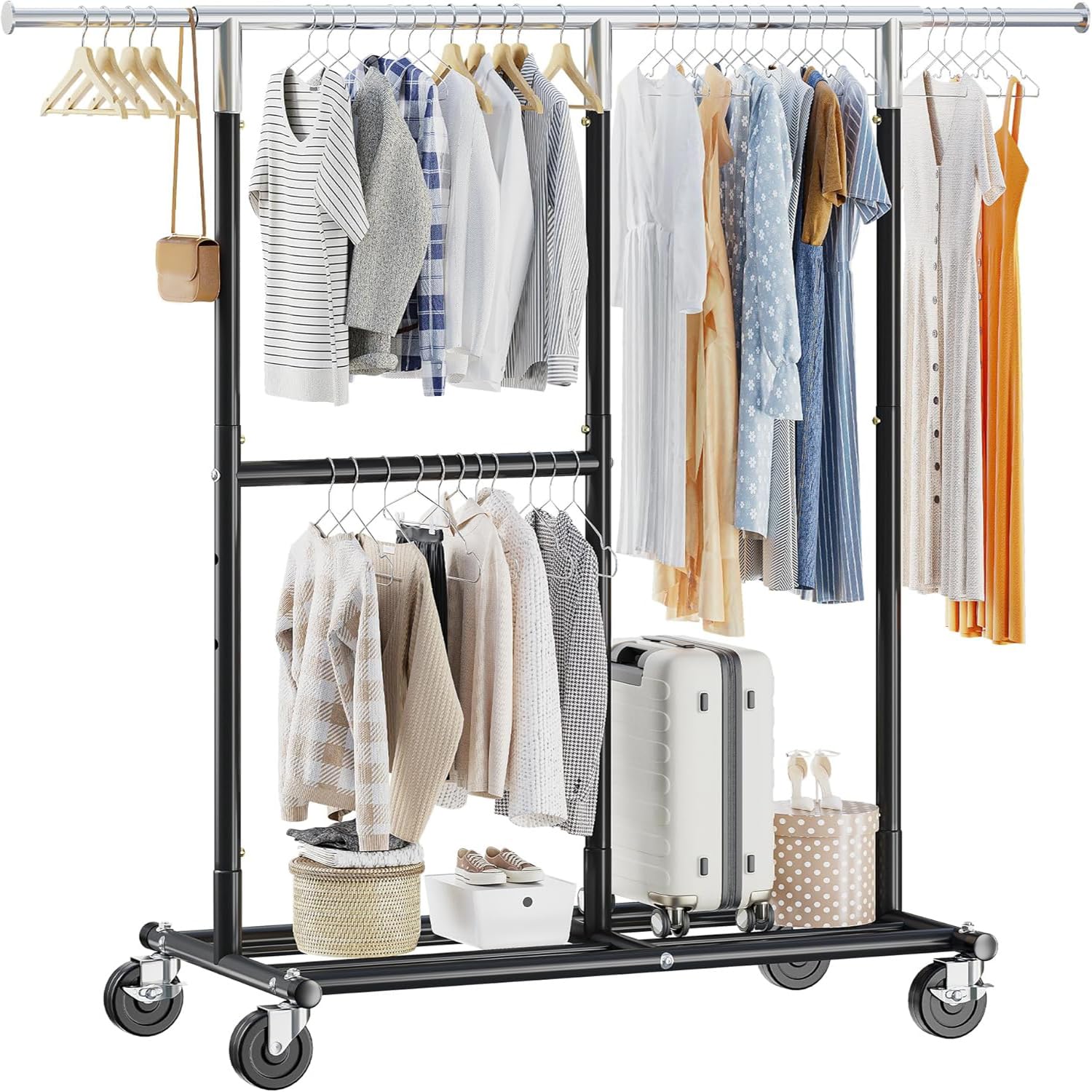 Raybee Clothes Rack Heavy Duty 298LBS, Clothing Racks for Hanging Clothes 200+, Metal Clothing Rack with Wheels, Rolling Commercial Garment Rack Portable, Black