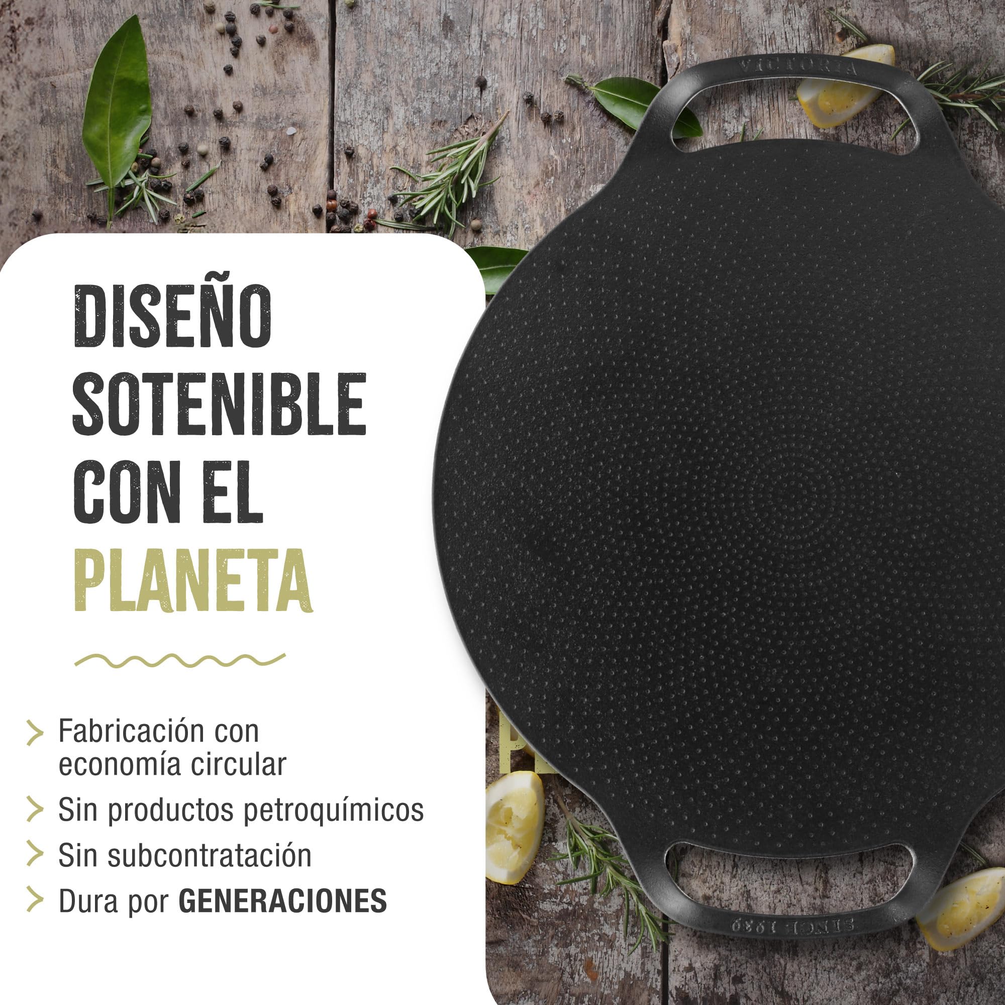Victoria Plancha Cocina Inducción para Pizza Hierro Fundido Curado, Sartén 38cm con Asas, Fuego, Barbacoa, Horno, Vitrocerámica, Gas, Comal Curada para Antiadherente Libre de Tóxicos sin PTFE
