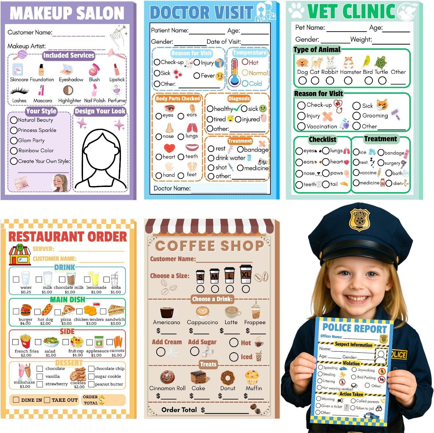 PINKEESEA 6 Pack Kids Pretend Play Notepads 4x6 Inch Playtime Pads for Kids 40 Pages Imaginative Role for Toddlers (Role Play)