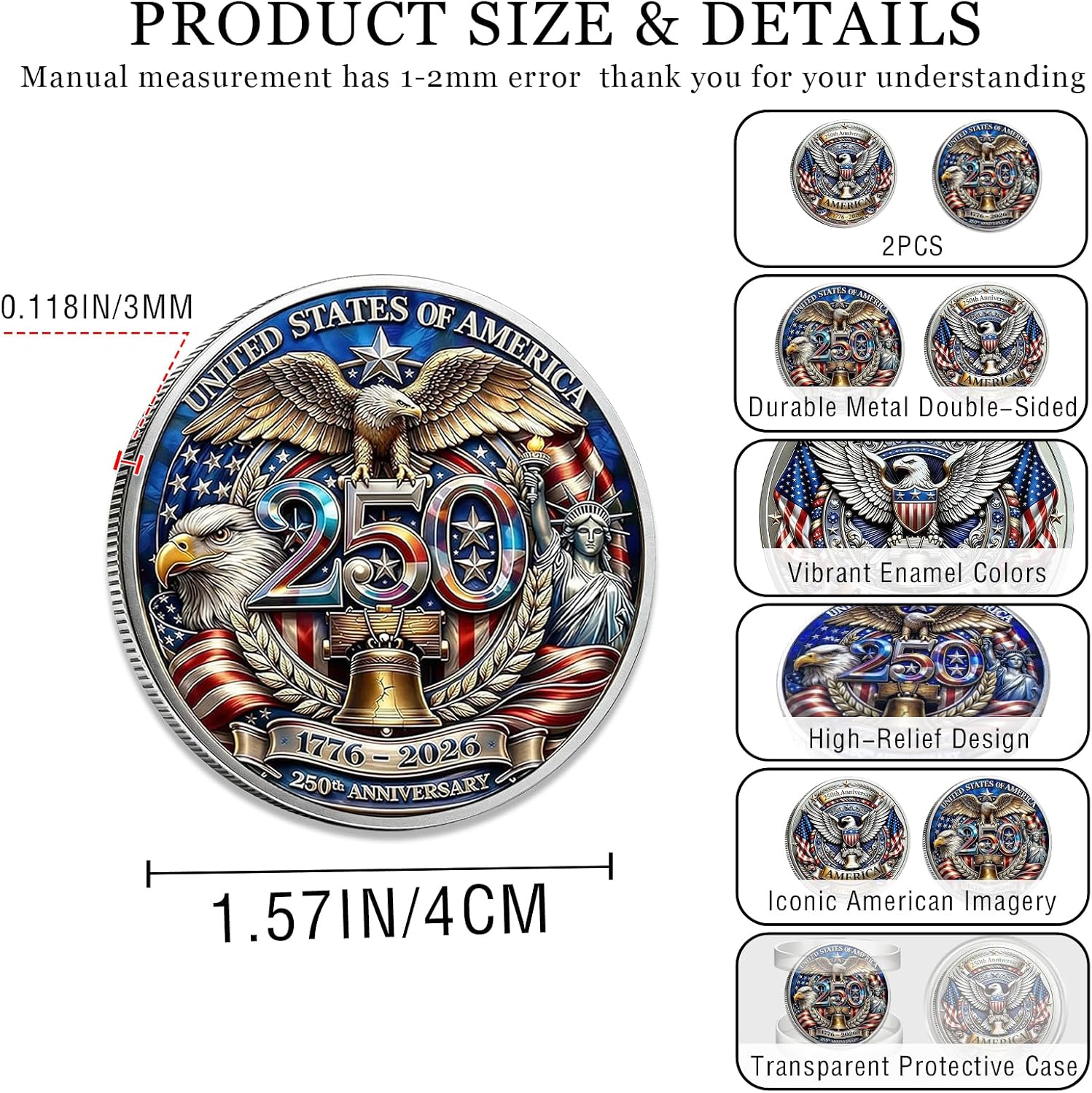 2PCS 250th Anniversary Commemorative Coins,250 Birthday American Flag&Liberty Bell Patriotic Collectible Souvenir Gift,1.57In Durable Gold Plated Challenge Coin for Display,Collectors,Non Legal Tender image 2