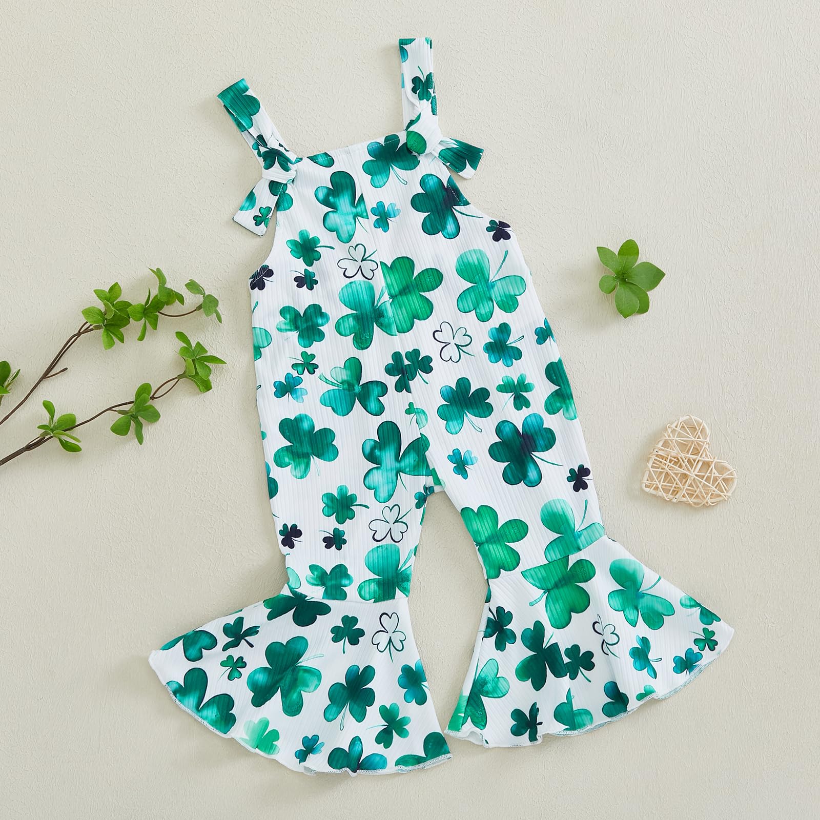 Gueuusu Baby Girl St Patrick's Day Outfit Clover Print Sleeveless Bell Bottom Romper Lucky Overalls Ribbed Flare Jumpsuit (White, 12-18 Months)