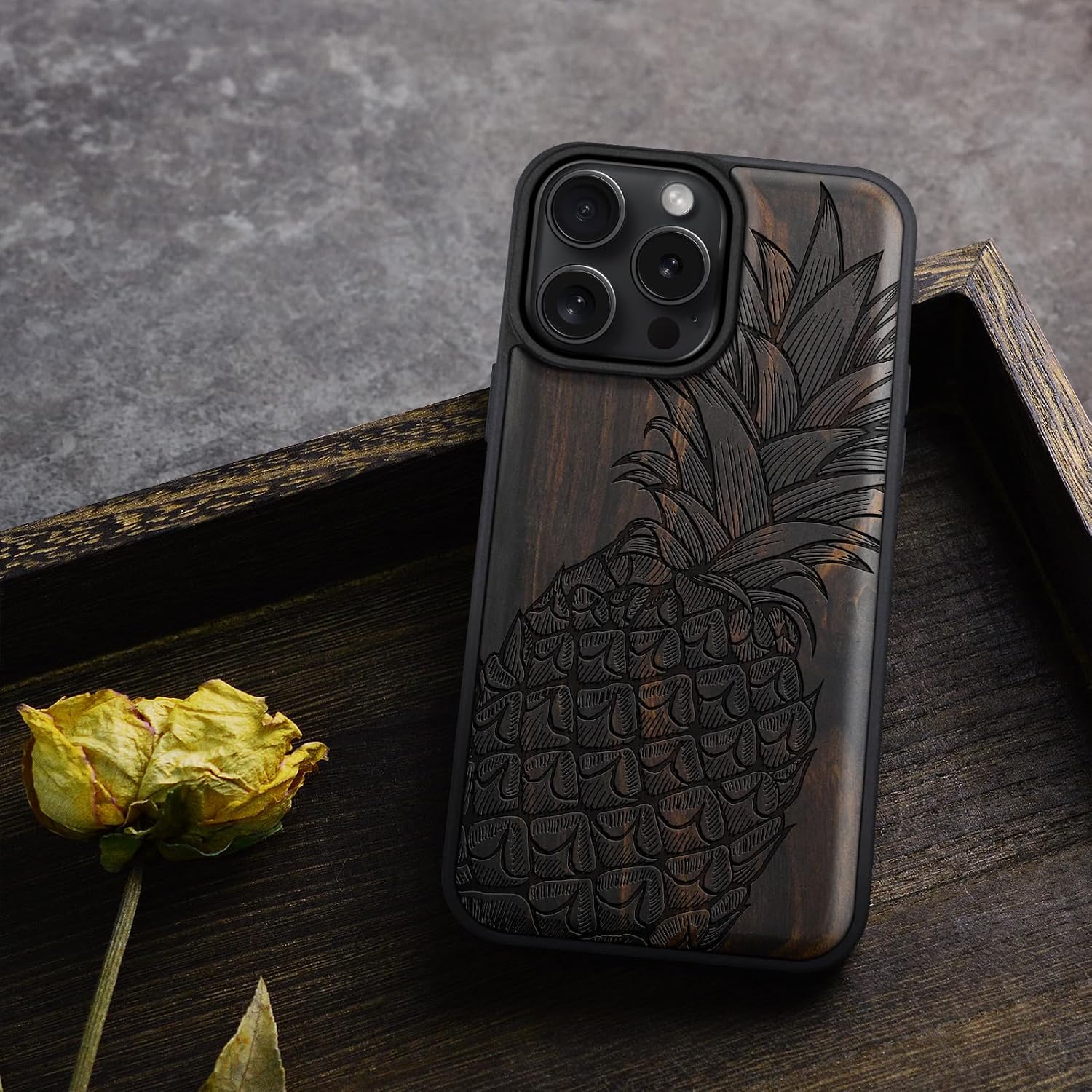 Carveit Magnetic Wooden Case for iPhone 16 Pro Max Case, Wood Artisan Engraved & Black Soft TPU Shockproof Cover, Compatible with MagSafe Wireless Chargers (Pineapple Design) Blackwood