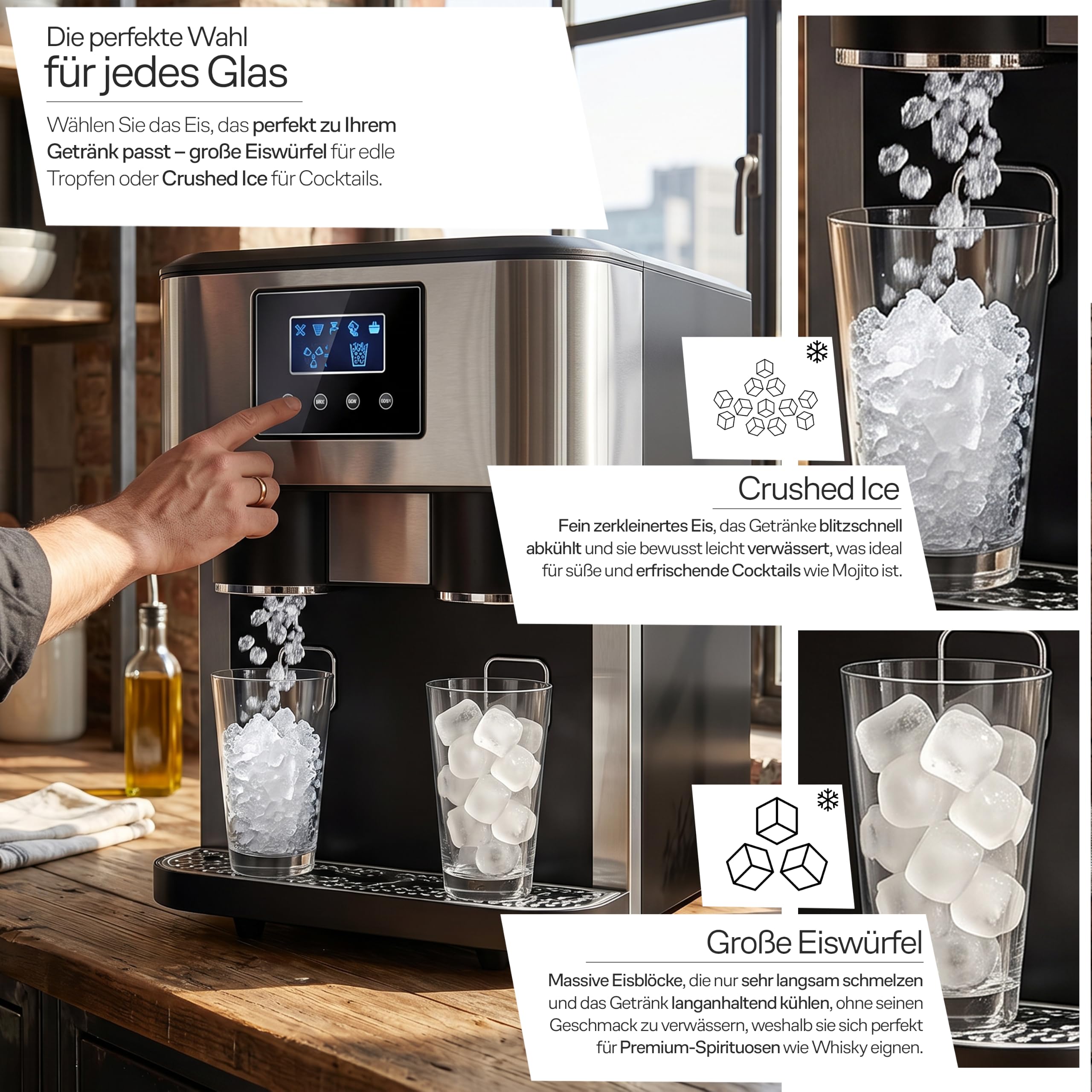 Retoo Premium 3 in 1 Eiswürfelmaschine mit Crushed Ice & Wasserspender, 18kg/24h, 16 Eiswürfel in 8–10 Min, Ice Maker für Cocktails, Whisky & Zuhause, Touchpanel, 2 Eisgrößen