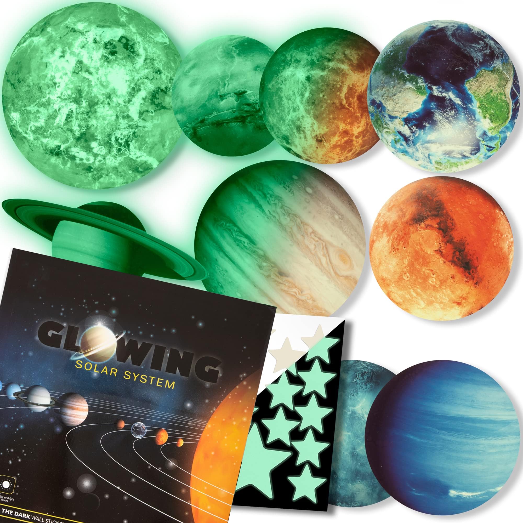 Glow in The Dark Stars and Planets, Bright Solar System Wall Stickers -Glowing Ceiling Decals for Kids Bedroom Any Room,Shining Space Decoration, Birthday Christmas Gift for Boys and Girls (Green)