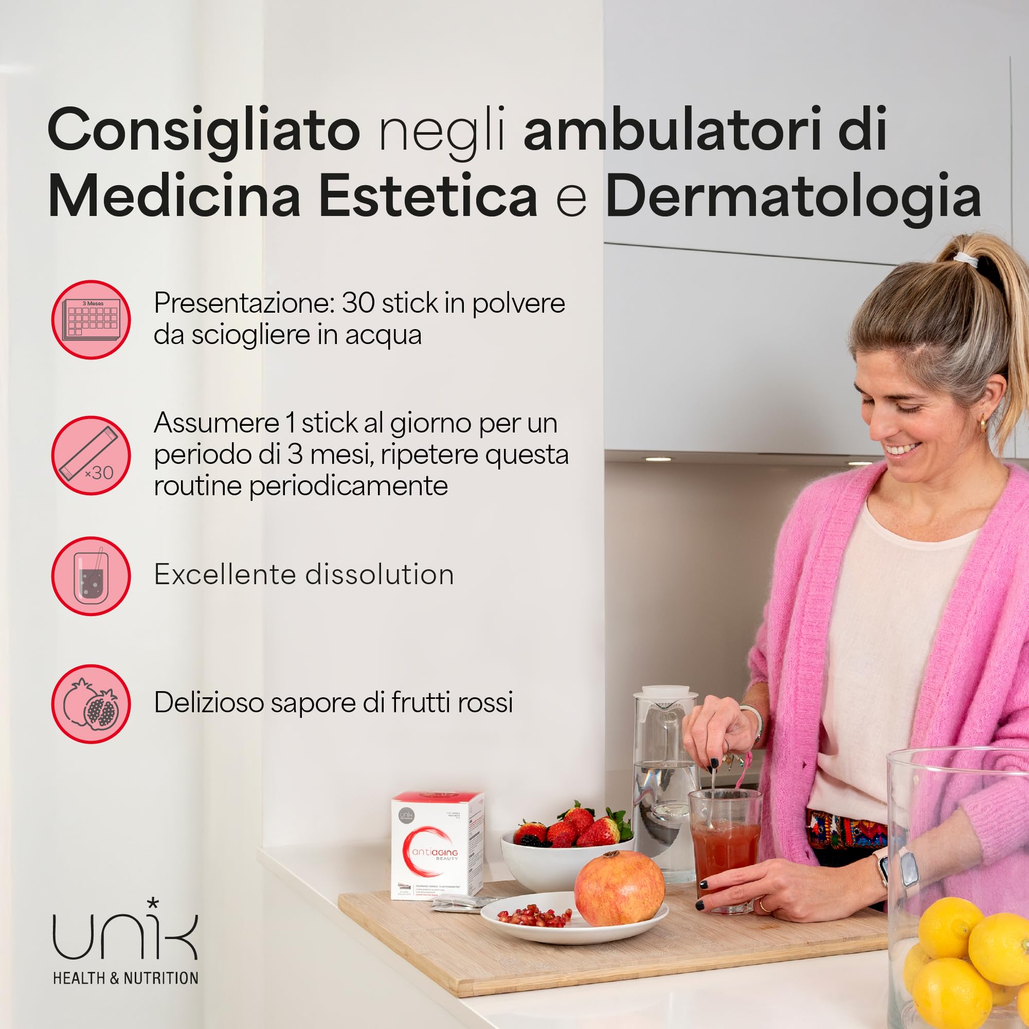 Collagene Verisol Idrolizzato e Acido Ialuronico + Vitamina C + Biotina in Polvere Articulaioni + Pelle Capelli e Unghie per Donna - Peptidi Colageno da Bere Puro - Extra Beauty - 30 Sticks | UNIK