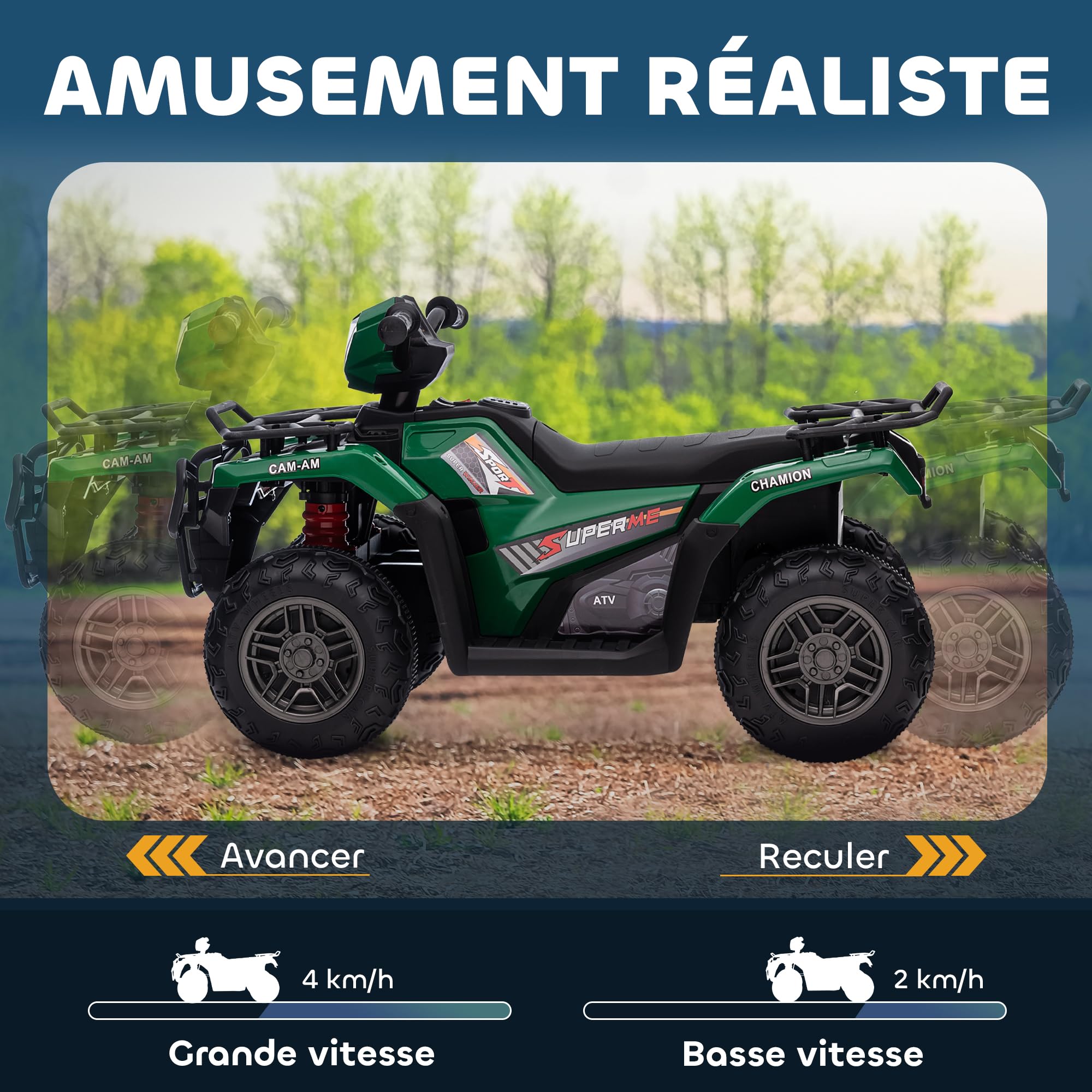 HOMCOM Quad électrique Enfant 12V, Voiture électrique Enfants, Double Moteur, Vitesse 2-4 km/h, phares et Musique, Marche Avant et arrière, Voiture à Batterie pour 3 à 5 Ans, Vert