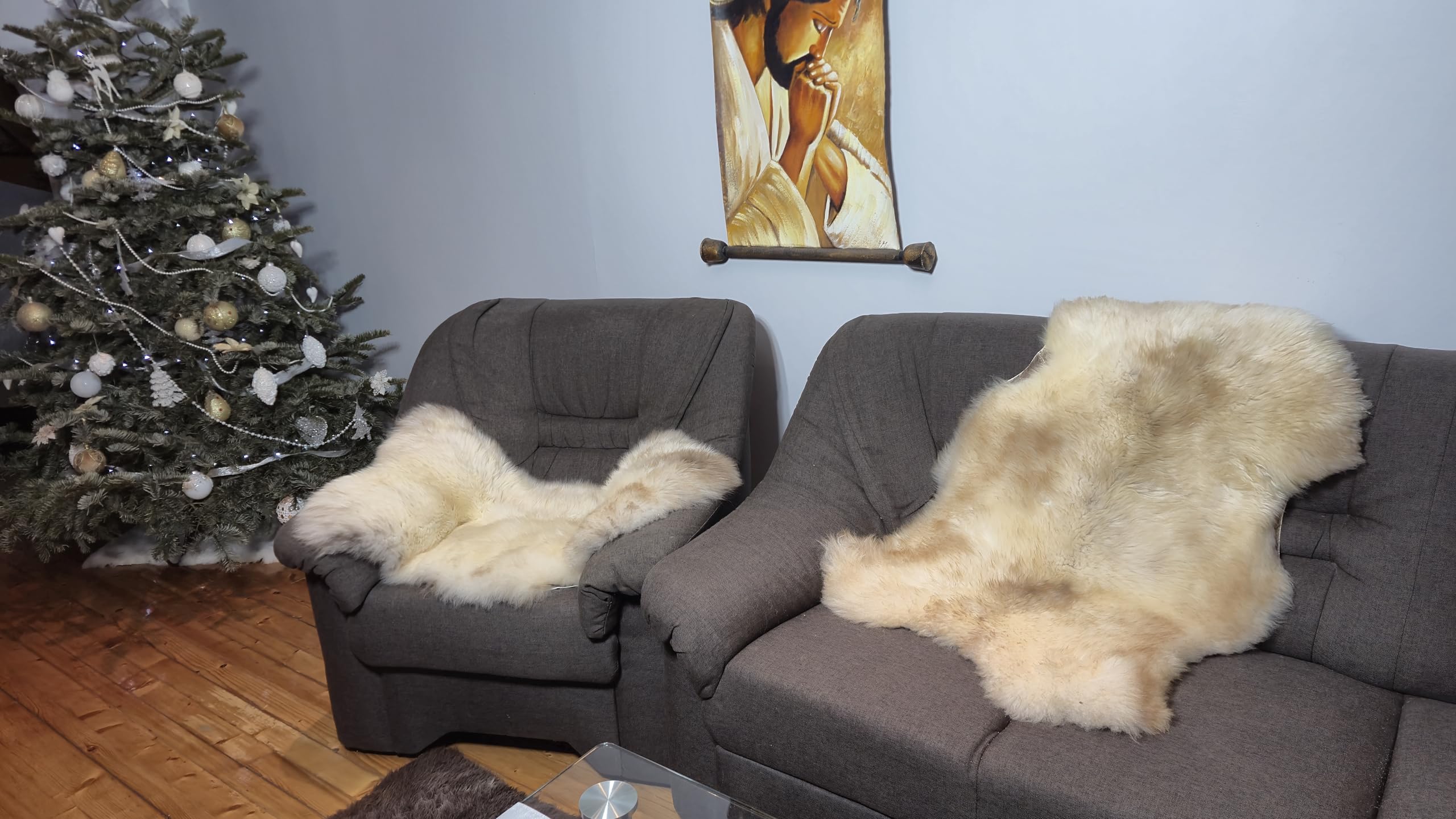Peau d'agneau naturelle jaune chiné - Véritable peau de mouton unique - Tapis décoratif de qualité supérieure et jeté de fauteuil - Fourrure douce à poils longs d'environ 6 cm - Écologique