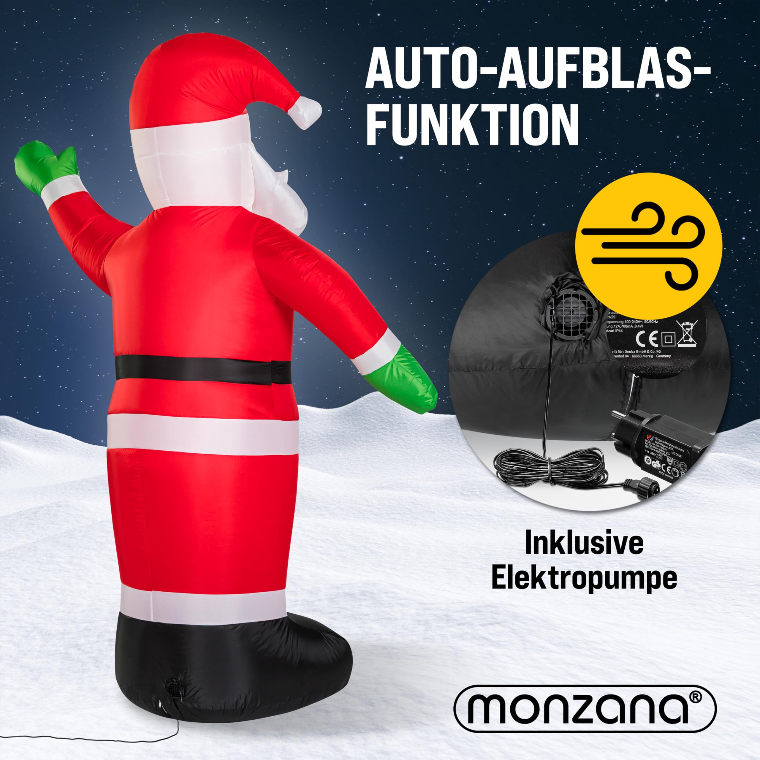 MONZANA® Aufblasbarer Weihnachtsmann XXL 250cm LED Beleuchtet Befestigungsmaterial IP44 Außen Weihnachtsdeko Santa Nikolaus Weihnachtsfigur Christmas