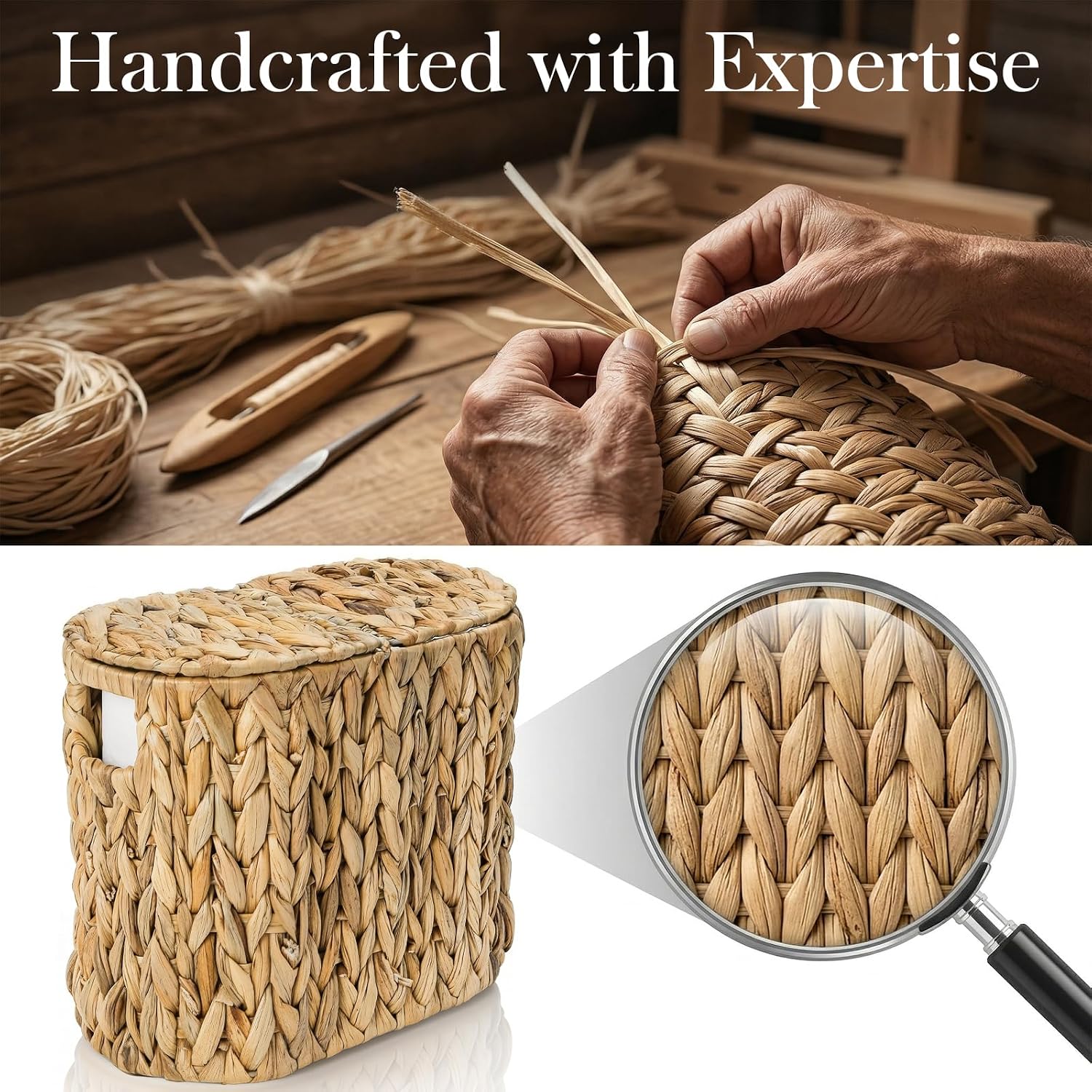 Toilet Paper Basket with Lid, Water Hyacinth 4 Rolls Toilet Paper Storage Basket, Narrow Slim Medium Paper Organizer for Bathroom