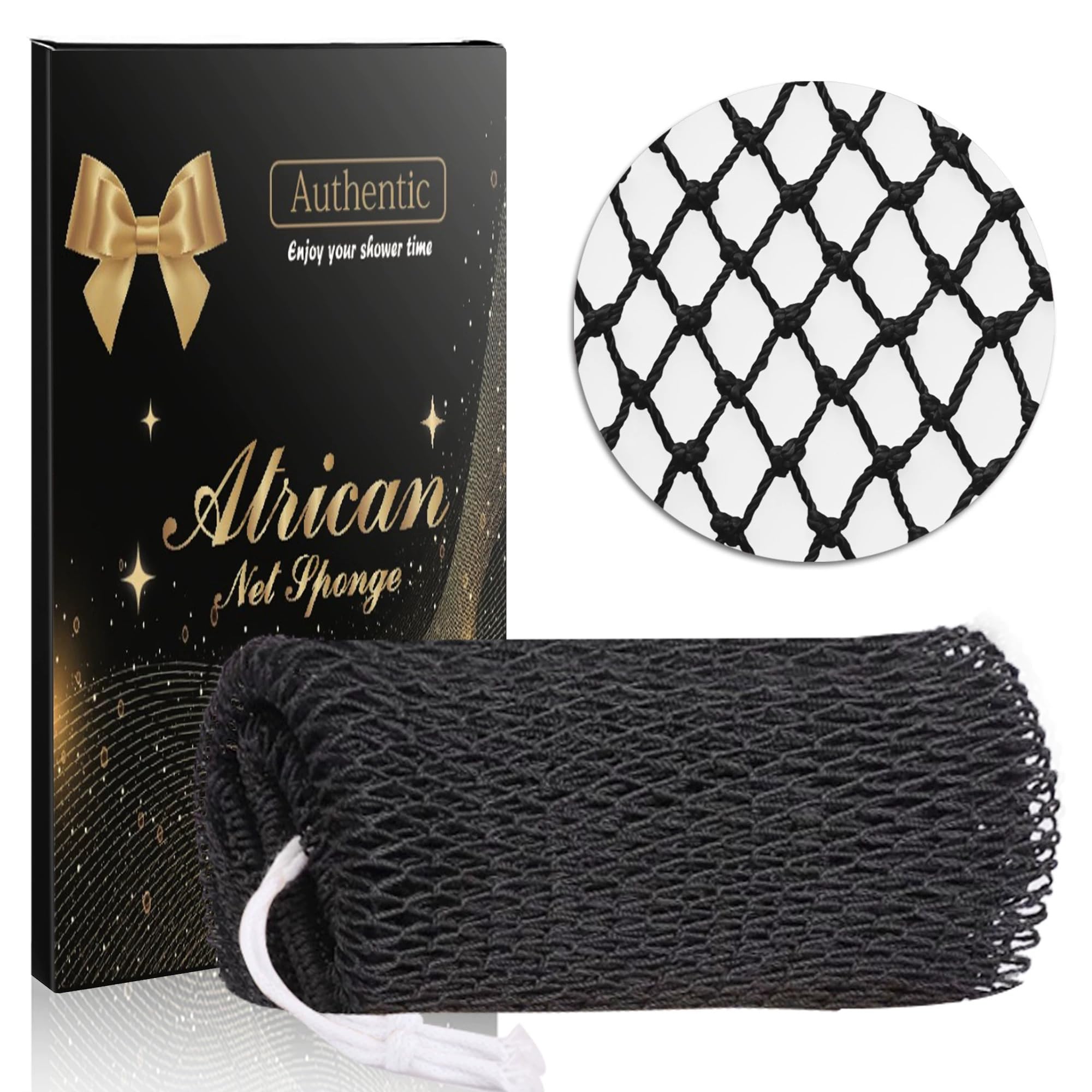 Authentic African Net Sponge, Exfoliating Body Scrubber Bath Sponge, Washcloth Back Scrub for Shower Body Exfoliator, Face & Skin Care Bathroom Essentials (Black)