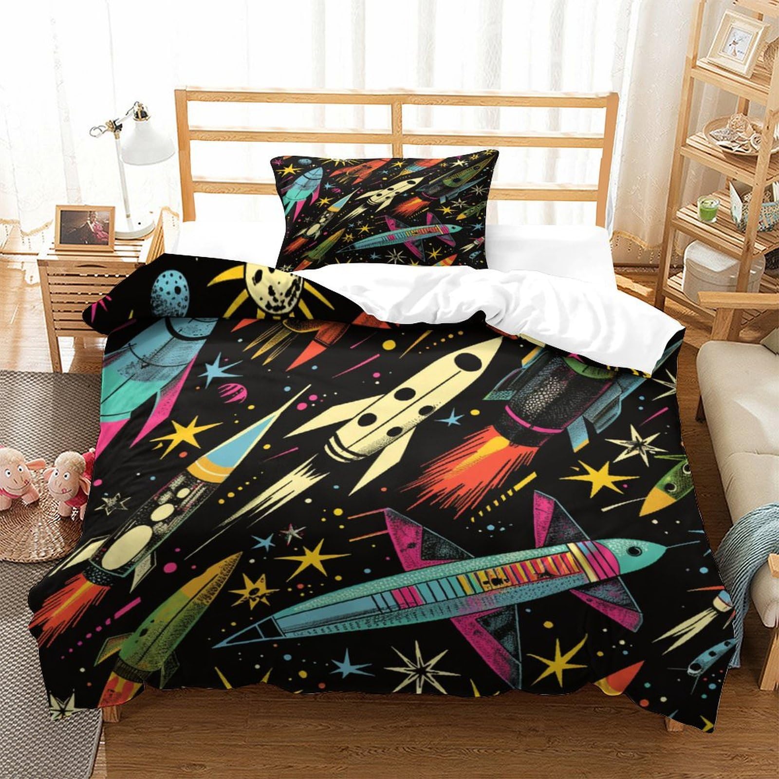 P1s9u7w5y Aircraft-6 Galaxy Rocket 3D Printed Duvet Cover Set 3Pcs Microfiber Space Bedding Set Single（135X200cm）