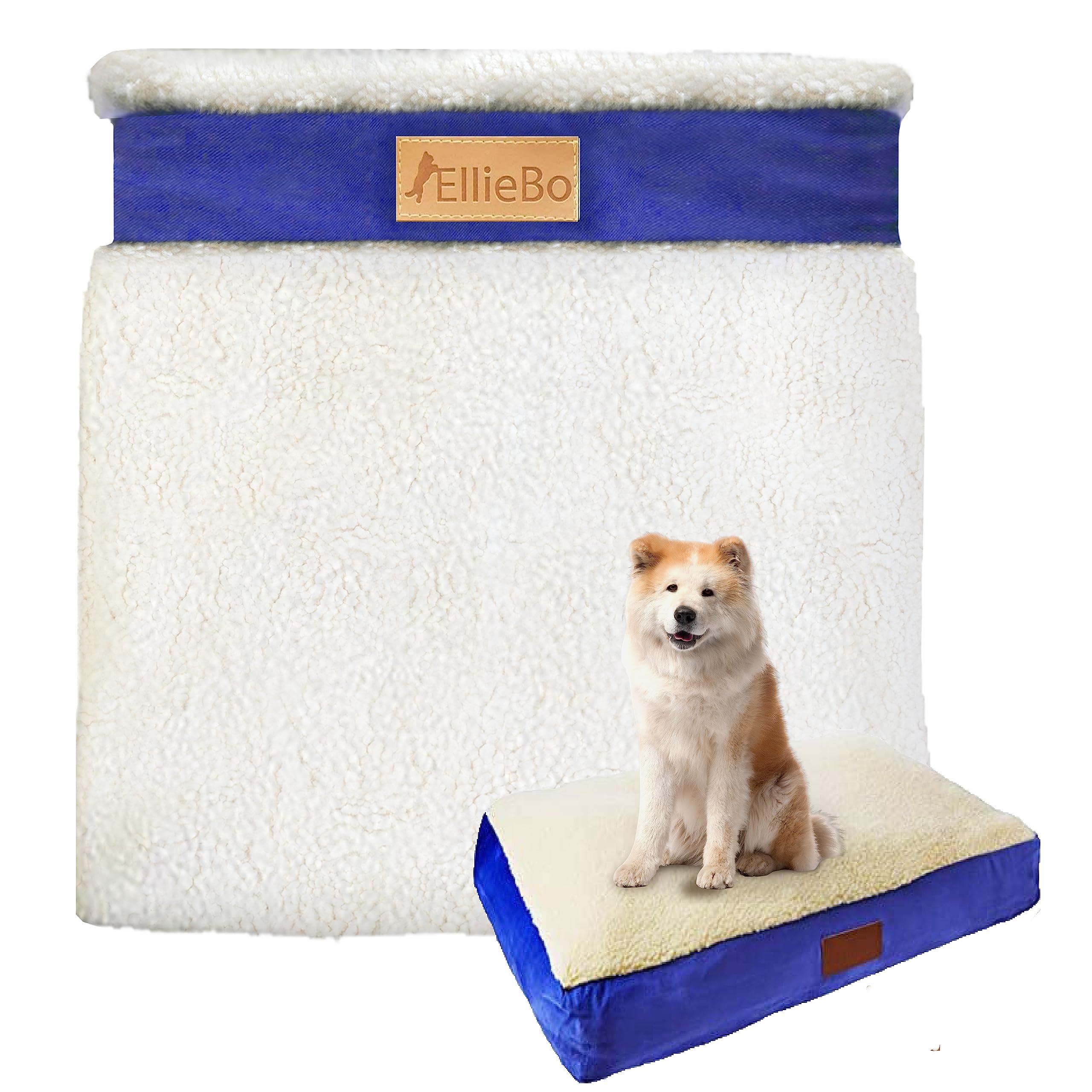 Ellie-Bo XXL Memory Foam Dog Bed Cover for 48-inch Dog Cage/Crate - Blue Faux Suede/Sheepskin