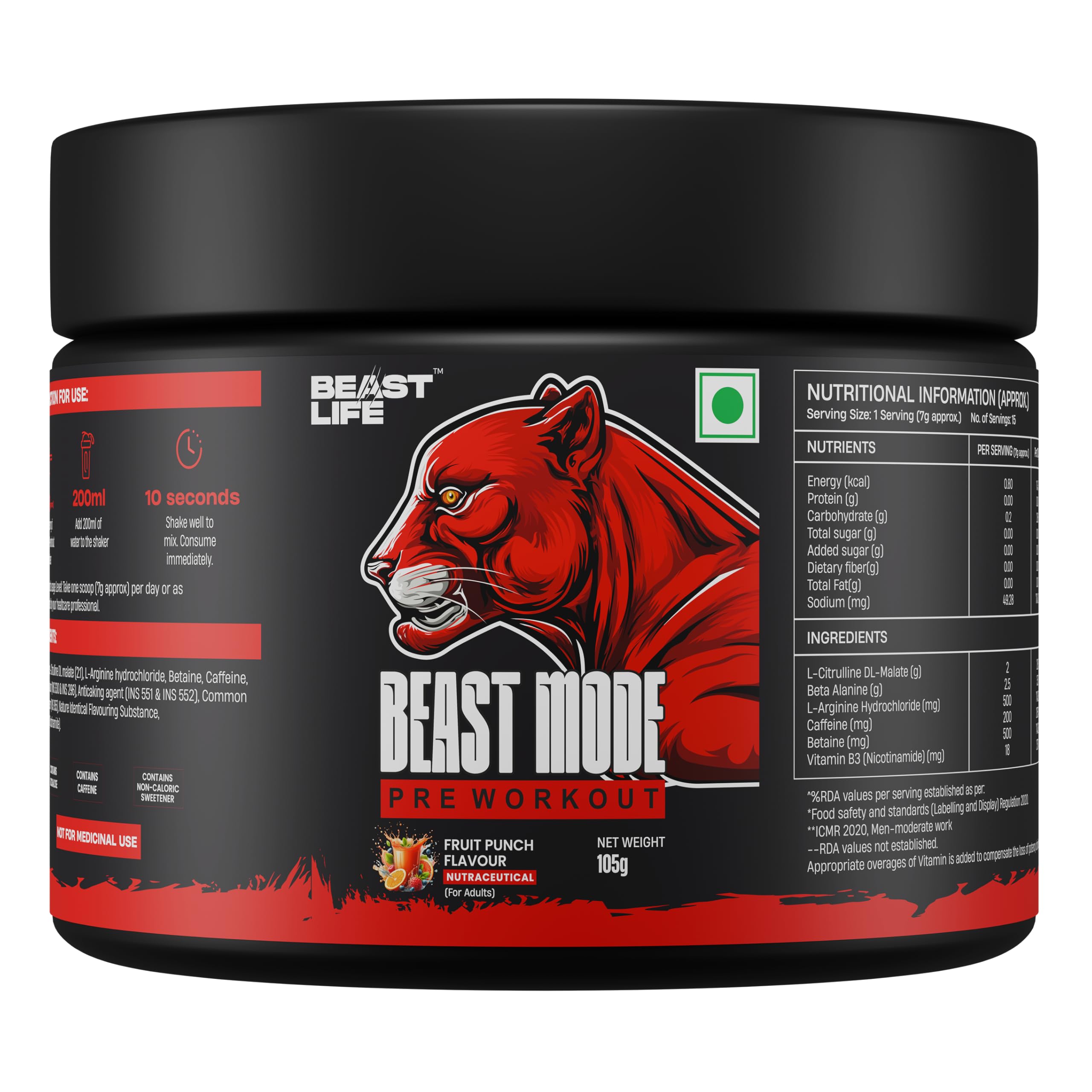 BeastLife Pre Workout Fruit Punch 105 Gram | Energy & Pump Formula for Workout Boost | Fast Acting Pre-Training Fuel | Explosive Focus & Endurance-image-37