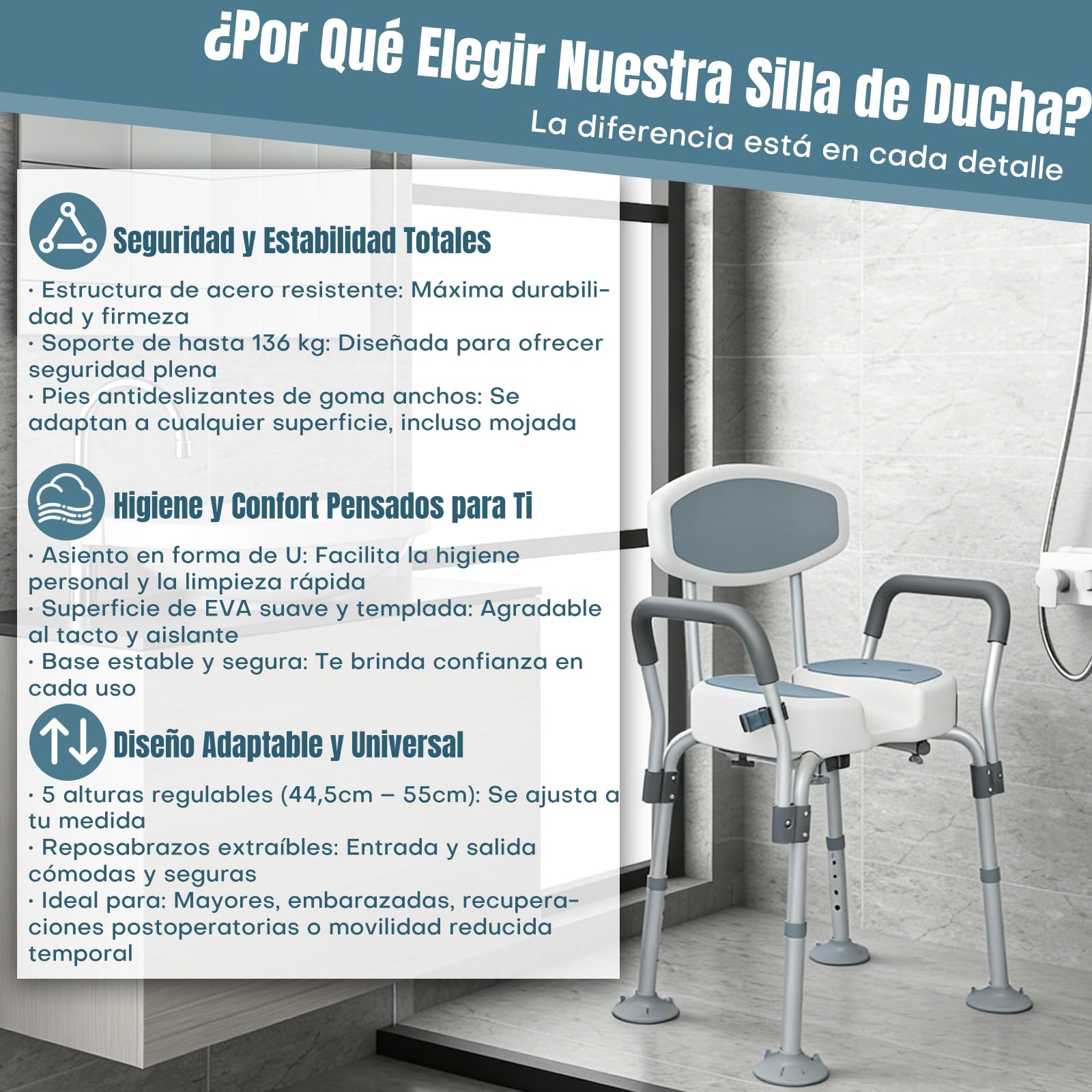 Taburete de Ducha para Personas Mayores, Silla para Ducha Antideslizante Silla de Baño Aluminio Altura Ajustable con Brazo Extraíble, hasta 136 kg