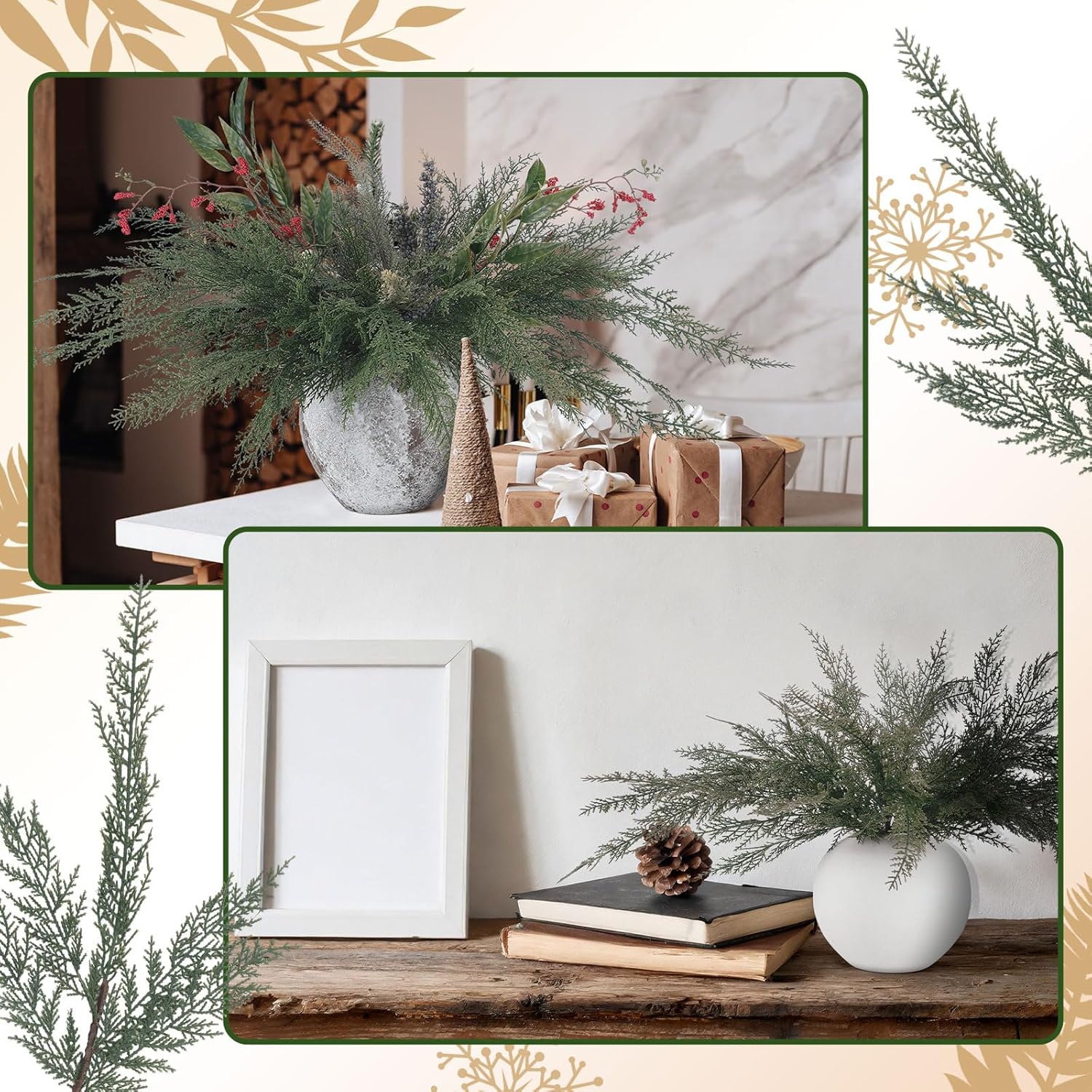 Jutom 16 Pcs Christmas Cedar Pine Stems - 18 Inch Artificial Faux Cedar Branches Christmas Greenery Pine Picks for Vase DIY Crafts Xmas Wreaths Garlands Decorations - Image 7