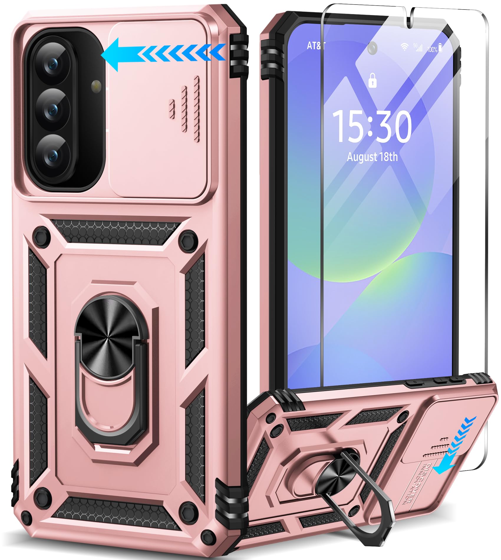 Taisairu for Samsung Galaxy A36 Case with Screen Protector & Slide Camera Lens Cover, Built-in 360°Rotate Ring Stand Shockproof Protective Case for