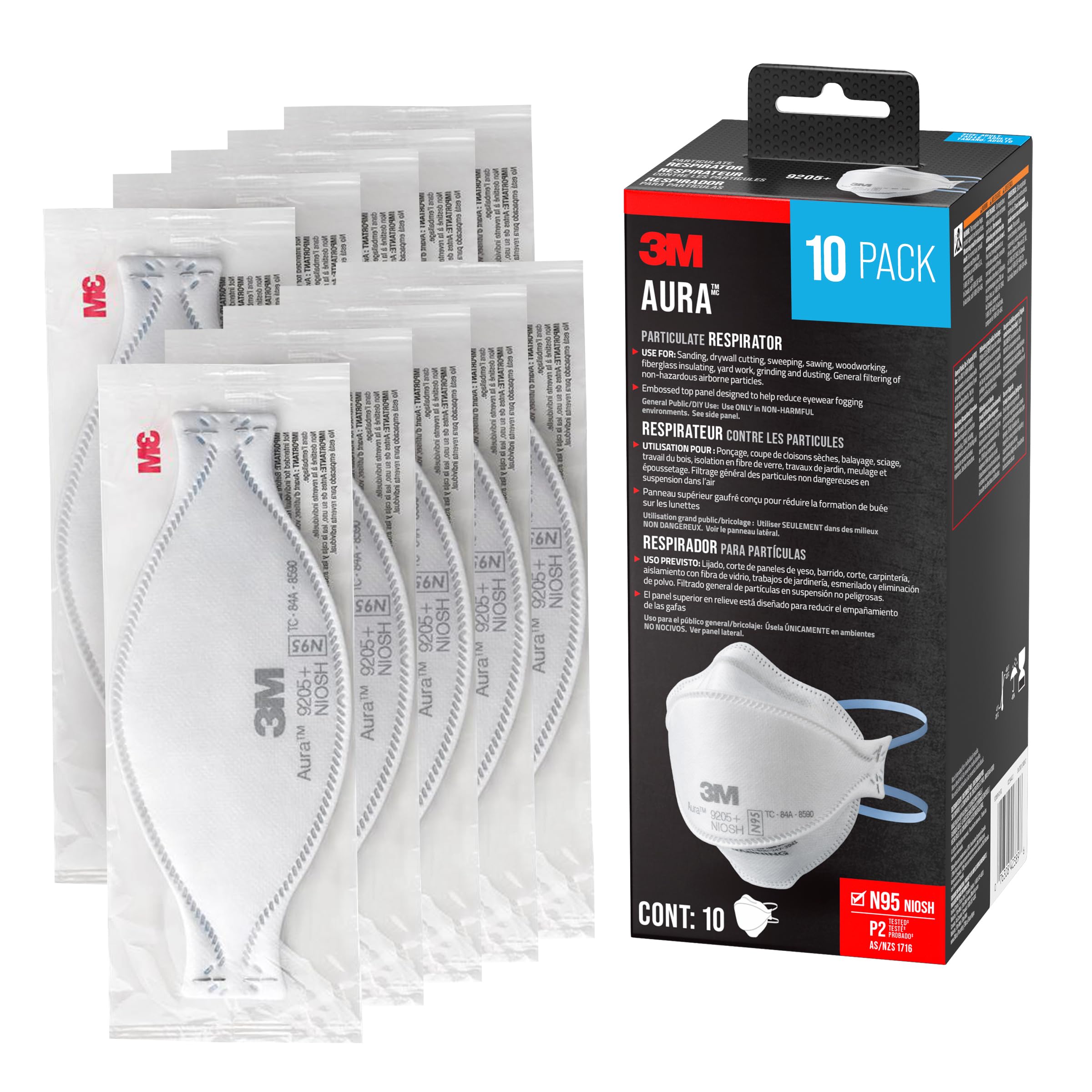3M Aura Particulate Respirator 9205+ N95, 10/Pack