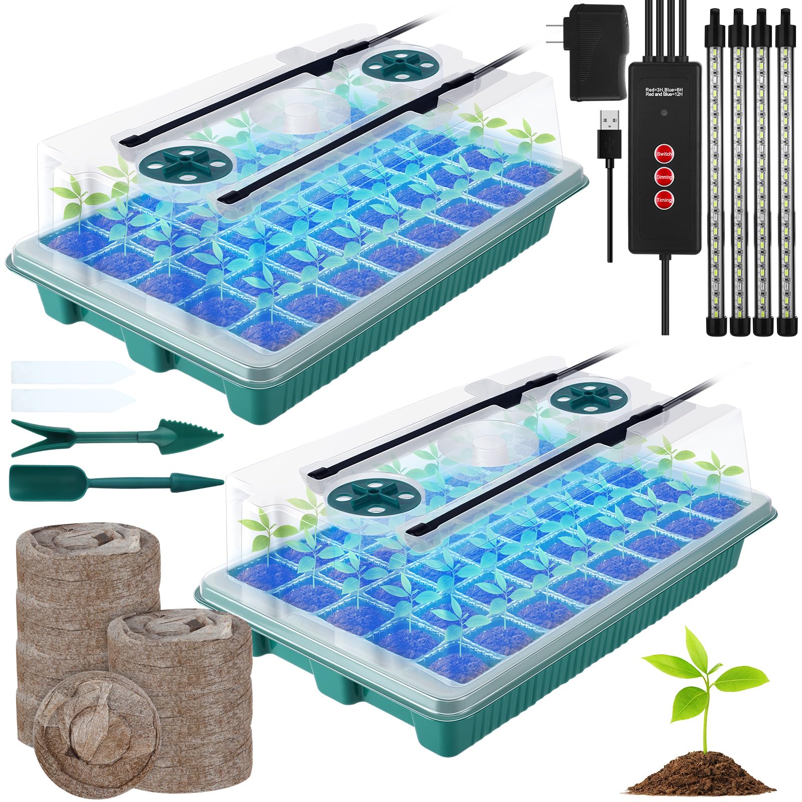 FillTouch Lot de 2 plateaux de démarrage de semences à 80 cellules avec 4 plateaux de démarrage de semis avec dôme d'humidité et 80 granulés de tourbe pour semis de jardin