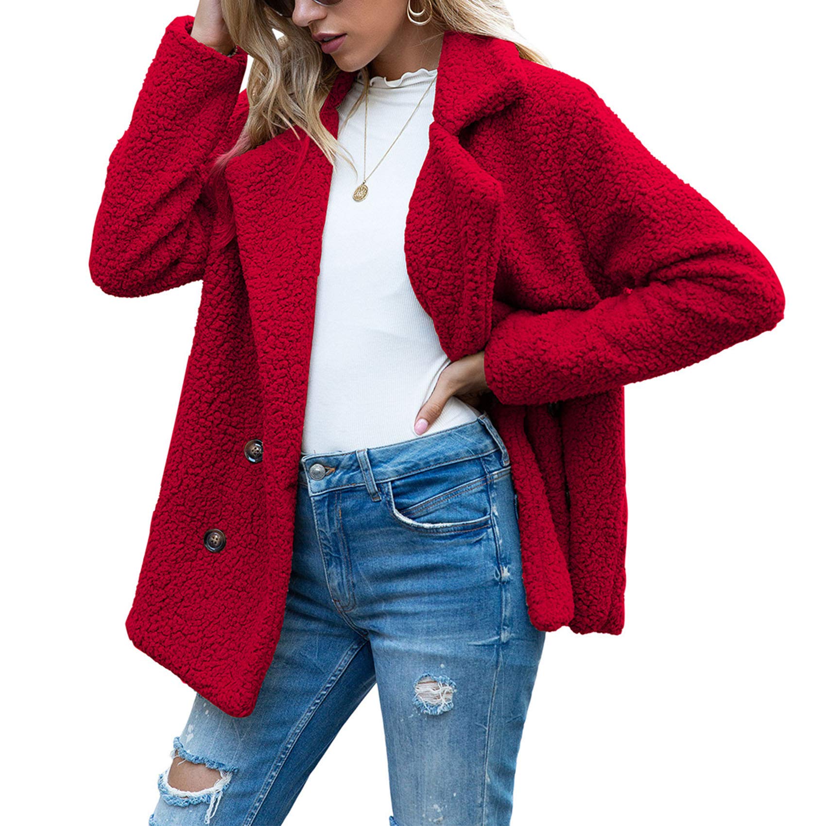 Boutons d'automne Et d'hiver, Revers, Cardigan en Molleton Ample, Manteau De Laine GâTeau De Mouton Femmes, Vestes, Hauts