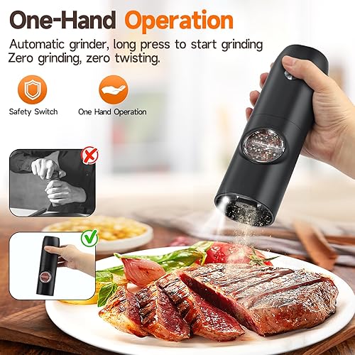 Miniatura 3 de Juego de molinillo eléctrico de sal y pimienta (paquete de 2), funcionamiento con una mano recargable por USB, molinillos de grosor ajustable,