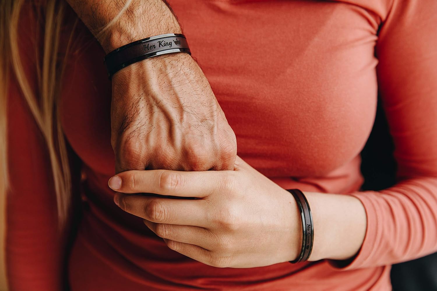Personalized Matching Couples Cuff Bracelets Third Wedding Anniversary Gift with Leather Inlay His and Her Jewelry Black Tone