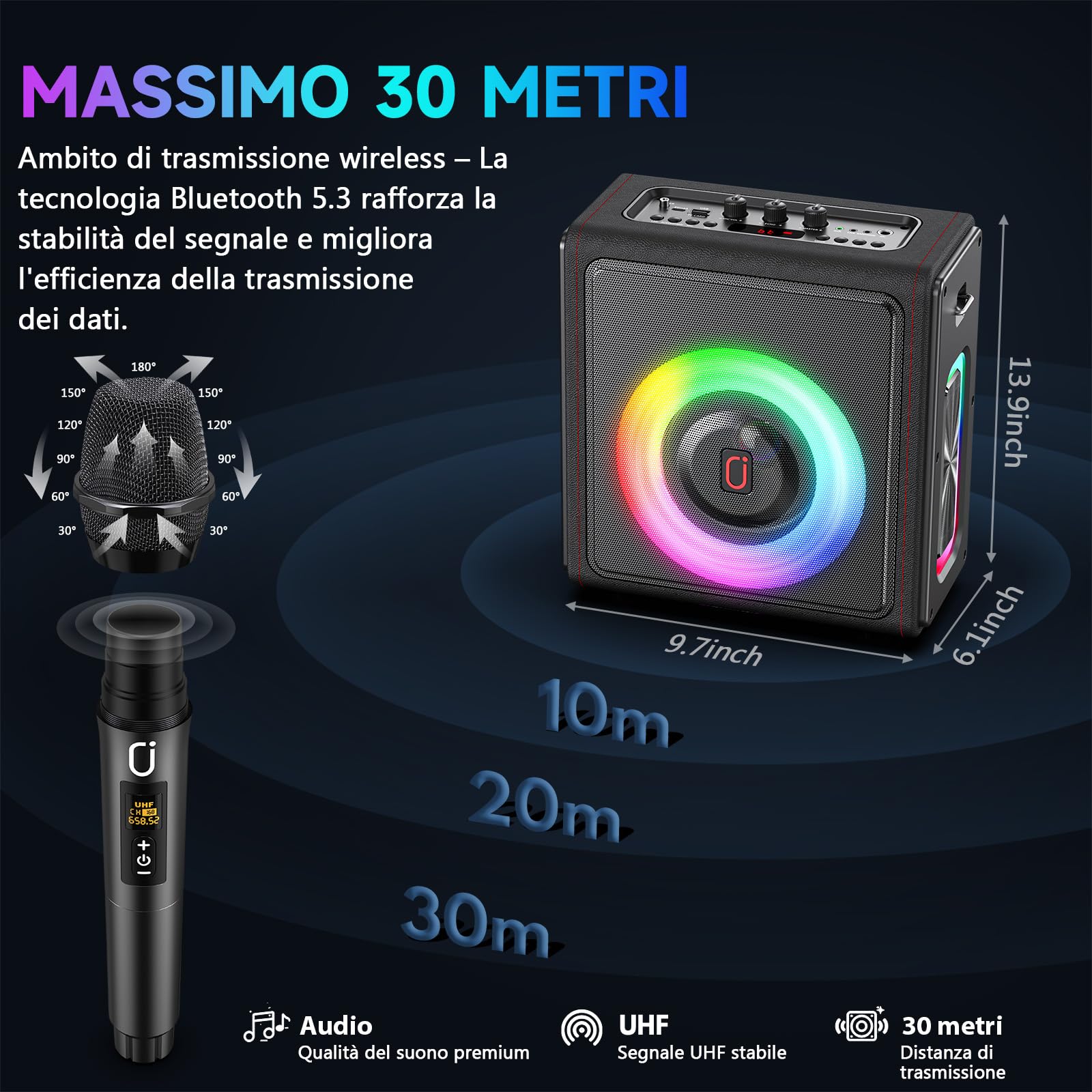 HWWR Karaoke con 2 microfoni wireless, Altoparlante karaoke cassa Bluetooth 5.3 portatile con subwoofer aggiornato, sistema PA con regolazione dell'eco, Regali di Natale adatti ad adulti e bambini