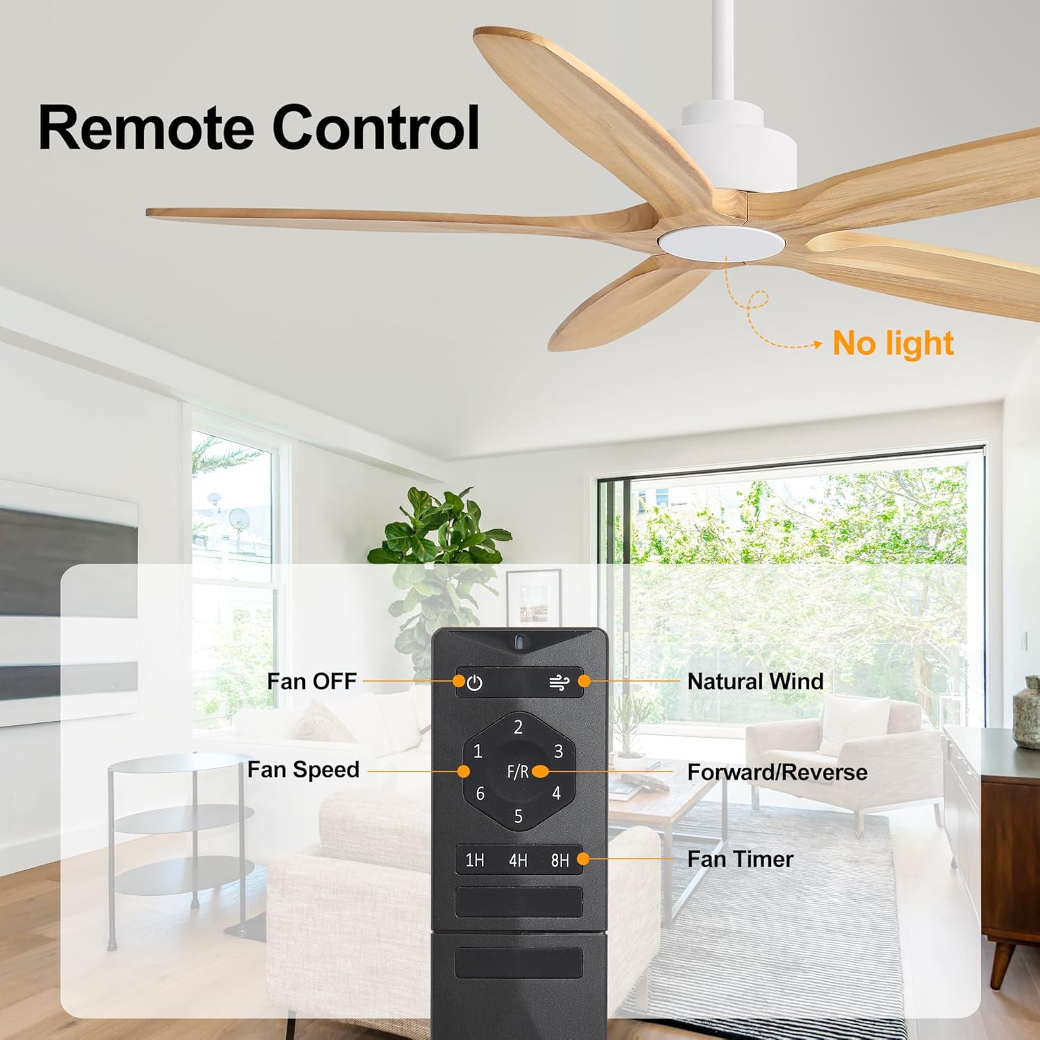 WINGBO 54 Inch Ceiling Fan without Light - 5 Carved Solid Wood Blades, 6-Speed Reversible DC Motor, Noiseless Remote Control Ceiling Fan No Light for Bedroom Living Room Kitchen, White and Oak