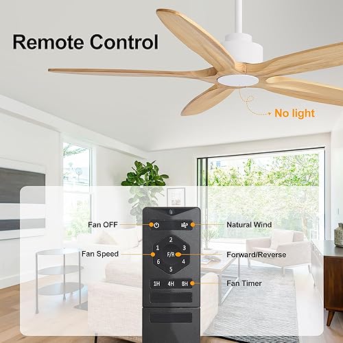 Miniatura 7 de WINGBO Ventilador de techo de 54 pulgadas sin luz, 5 aspas de madera maciza tallada, motor CC reversible de 6 velocidades, ventilador de techo con