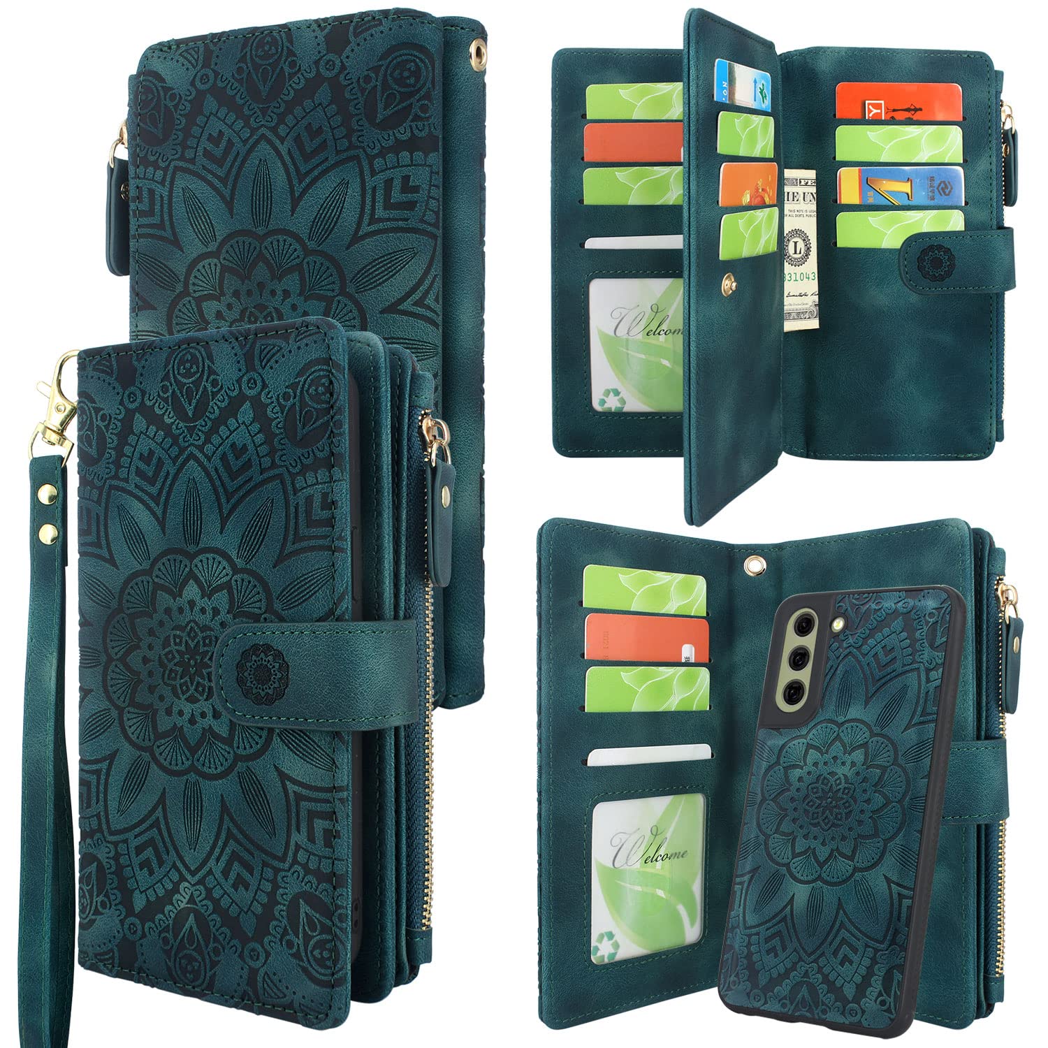 Harryshell Detachable Magnetic Zipper Wallet Leather Case with Cash Coin Pocket 12 Card Slots Holder Wrist Strap Lanyard Compatible with Samsung Galaxy S21 FE 5G (2022) Flower (Teal)